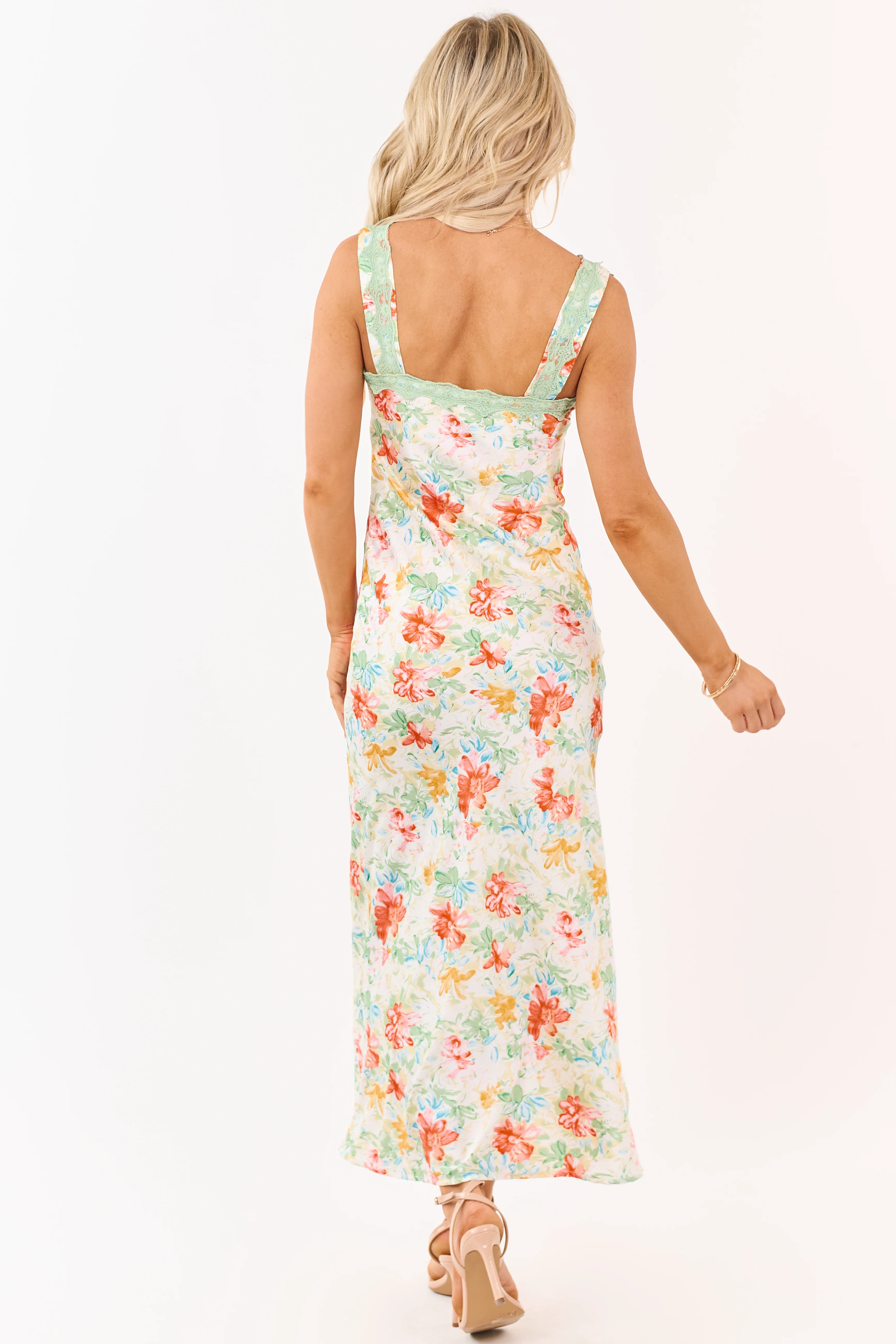 Sage Floral Satin Lace Trim Deep V Maxi Dress - Image 7