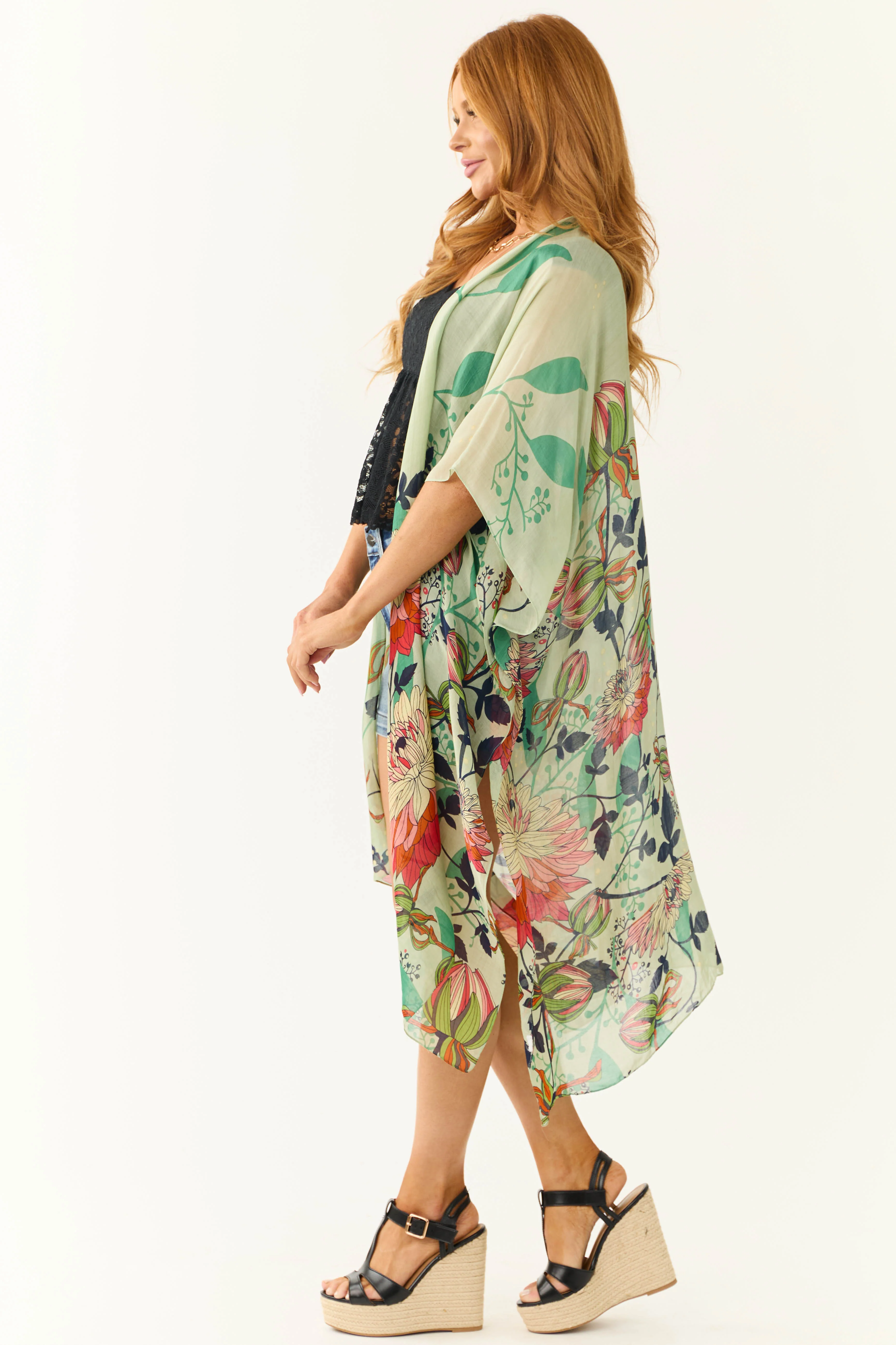 Sage Lightweight Floral Lotus Print Kimono - Image 4