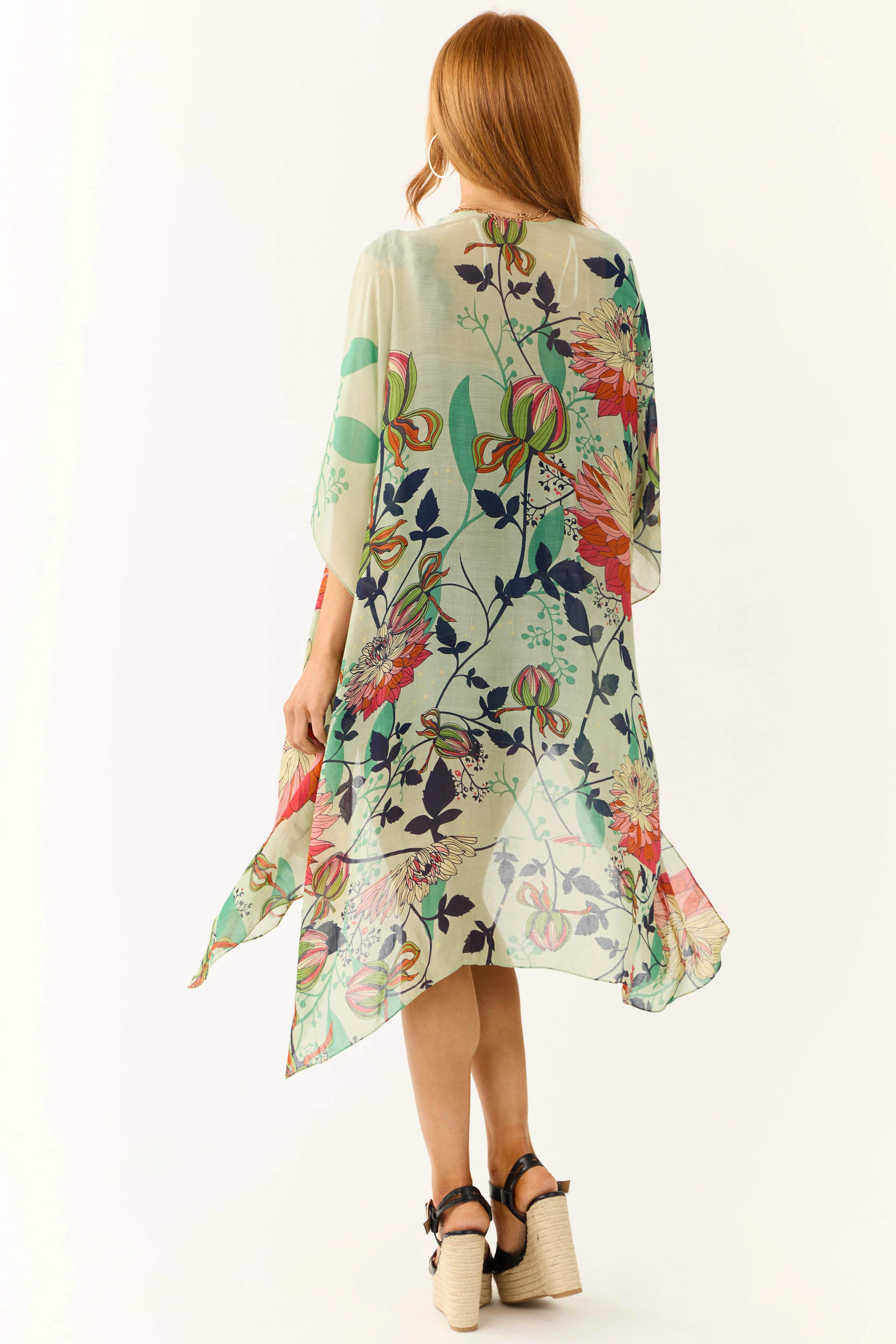Sage Lightweight Floral Lotus Print Kimono - Image 5
