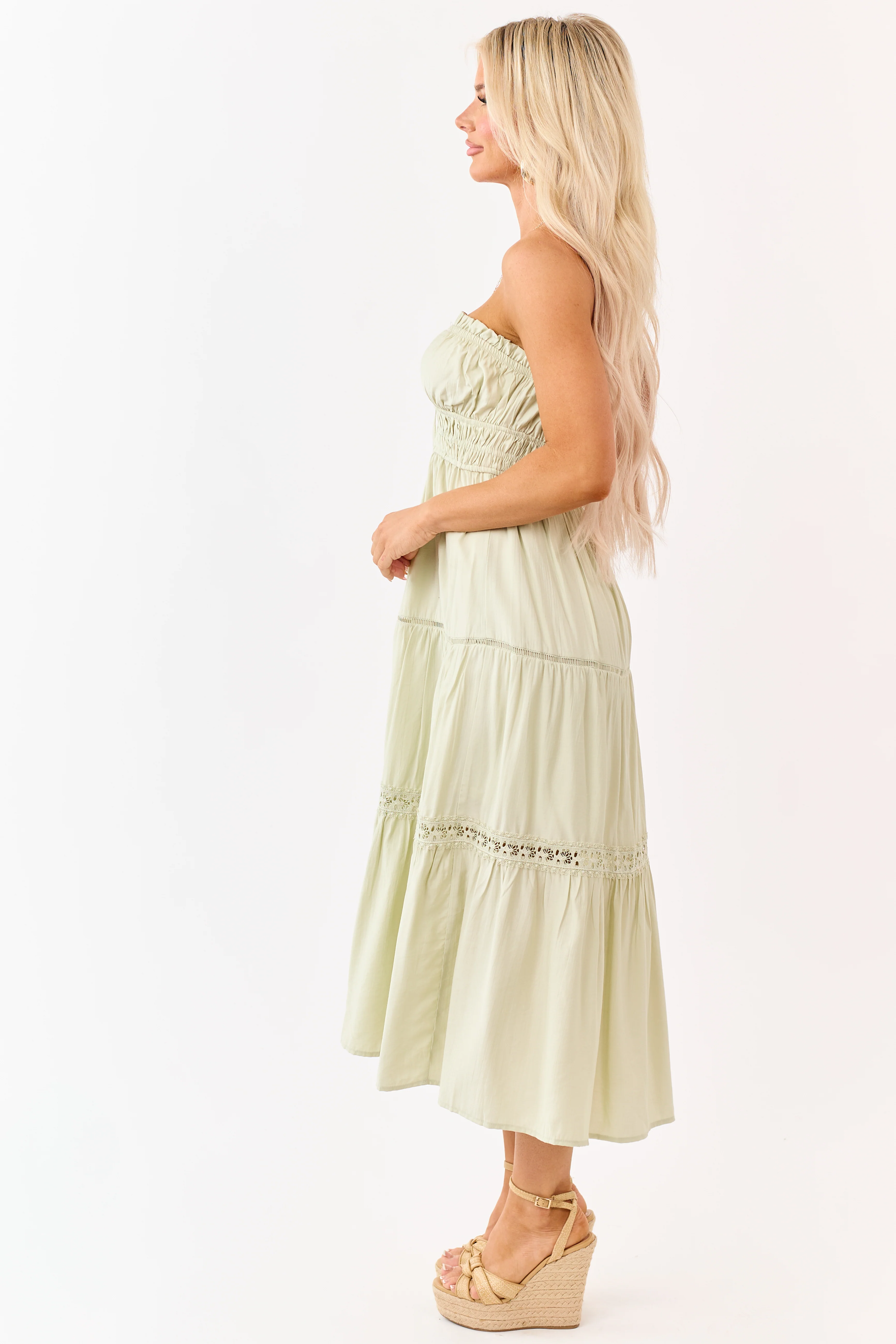 Sage Strapless Tiered Lace Shirred Waist Midi Dress - Image 4
