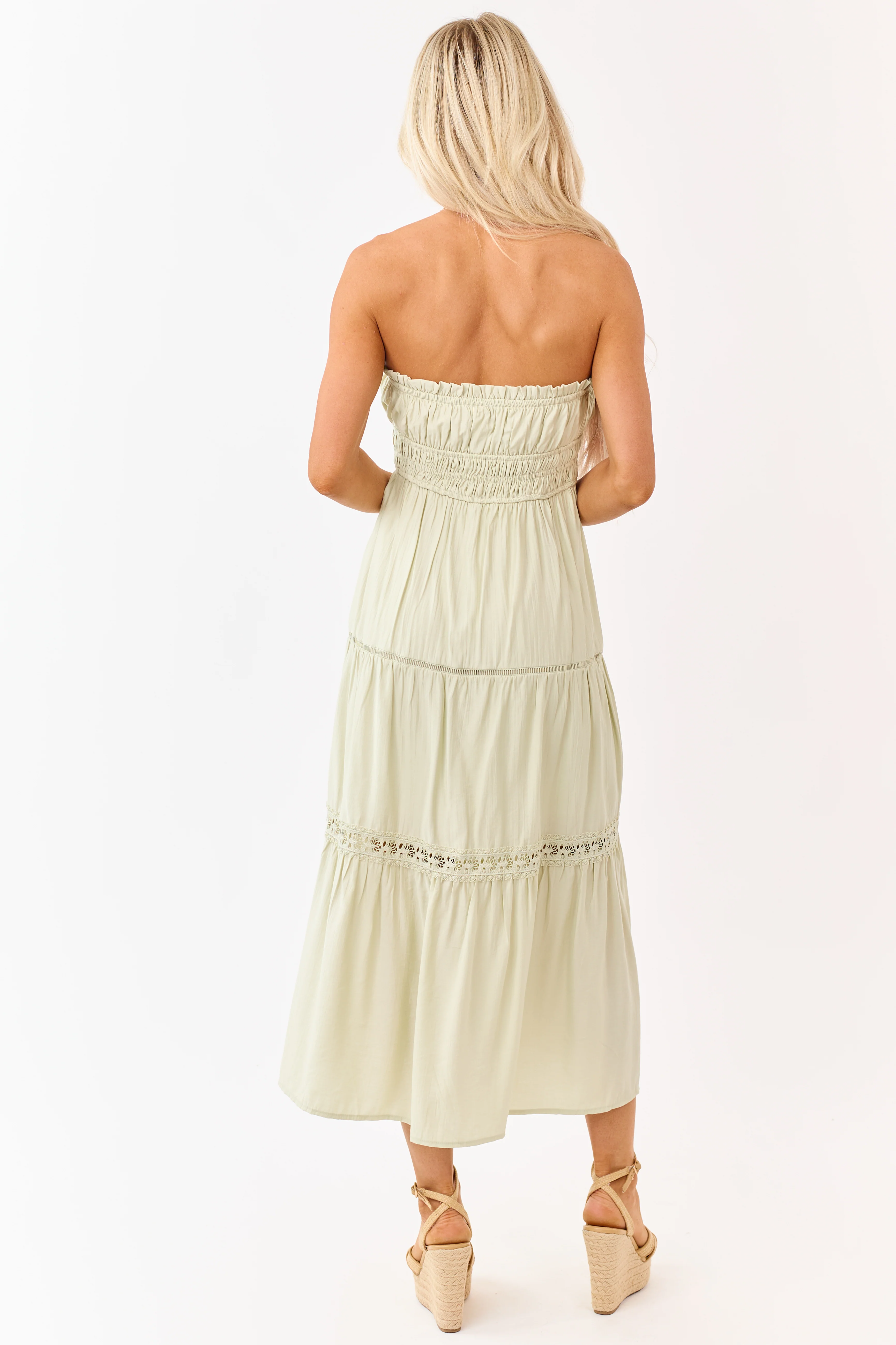 Sage Strapless Tiered Lace Shirred Waist Midi Dress - Image 5