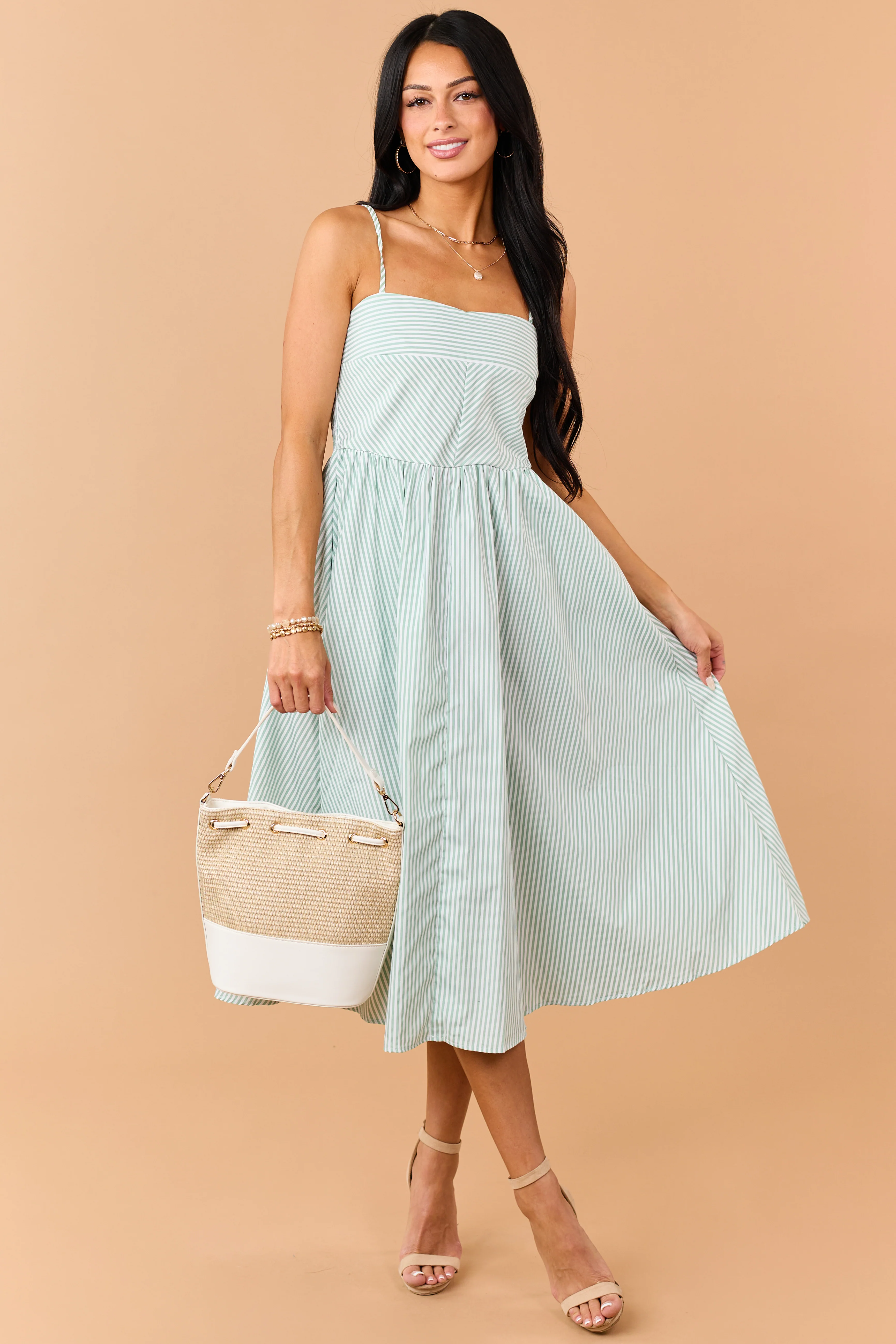 Sage Striped Smocked Back Sleeveless Midi Dress