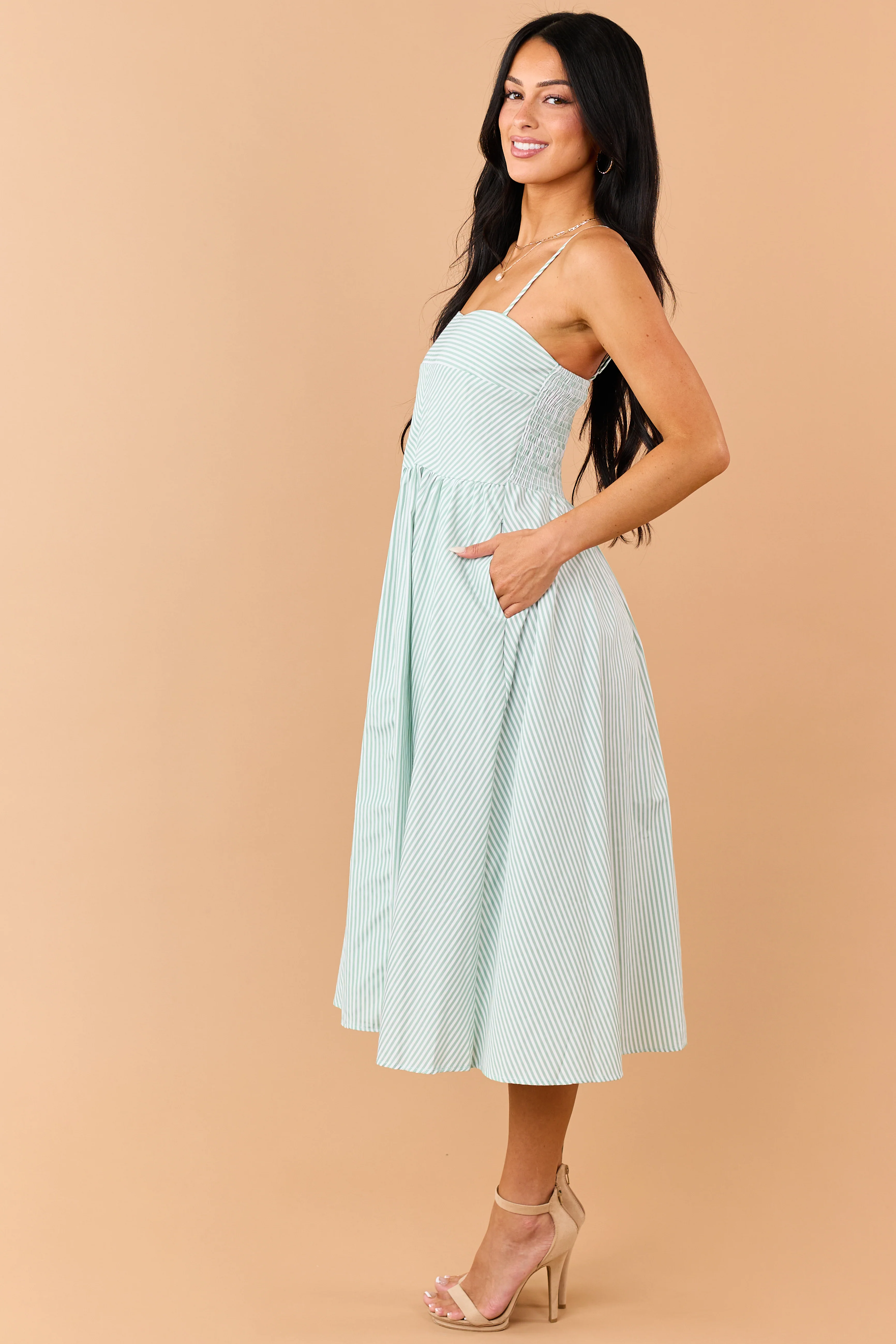 Sage Striped Smocked Back Sleeveless Midi Dress - Image 4