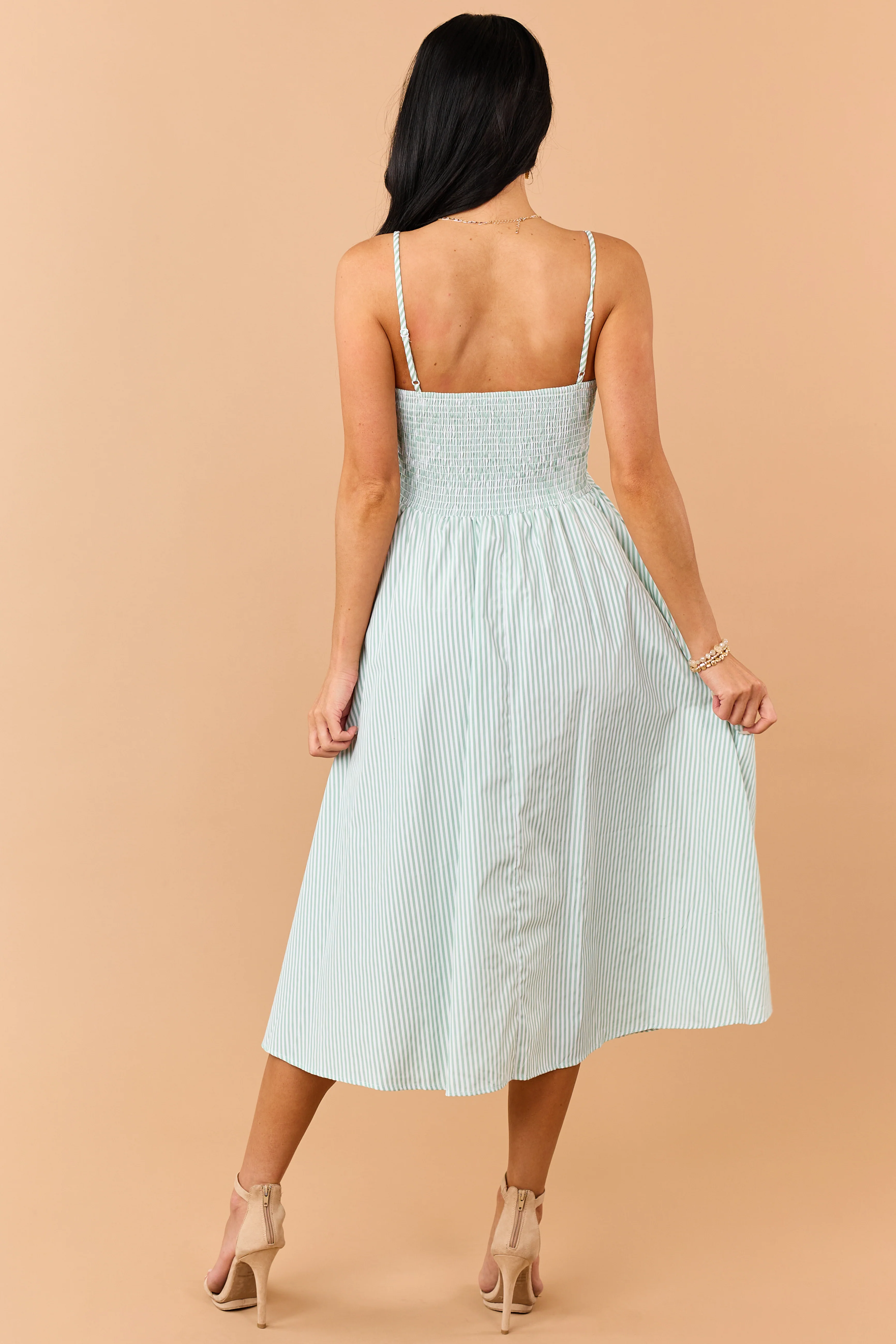 Sage Striped Smocked Back Sleeveless Midi Dress - Image 5