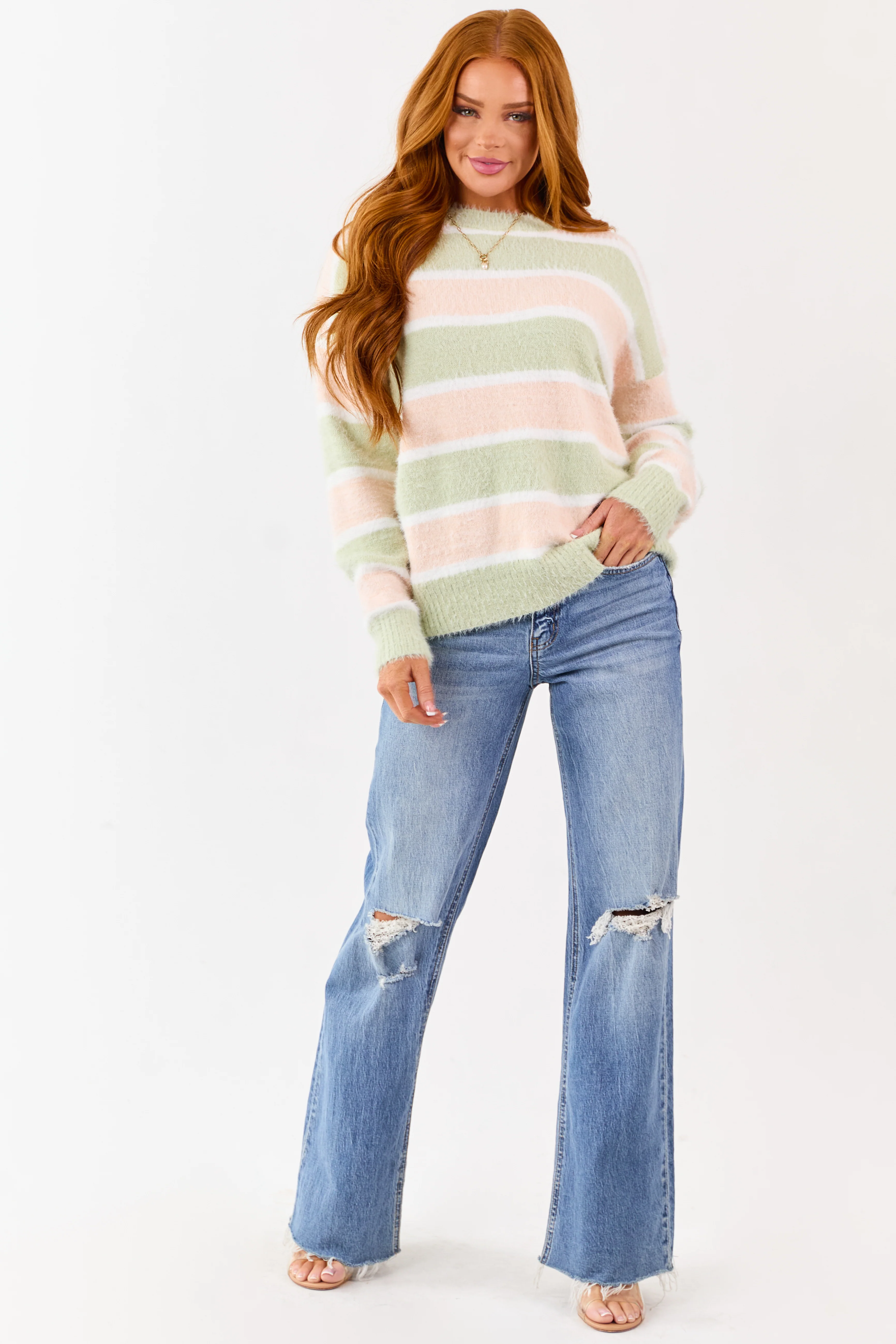 Sage and Tea Rose Striped Soft Fuzzy Knit Sweater - Image 3