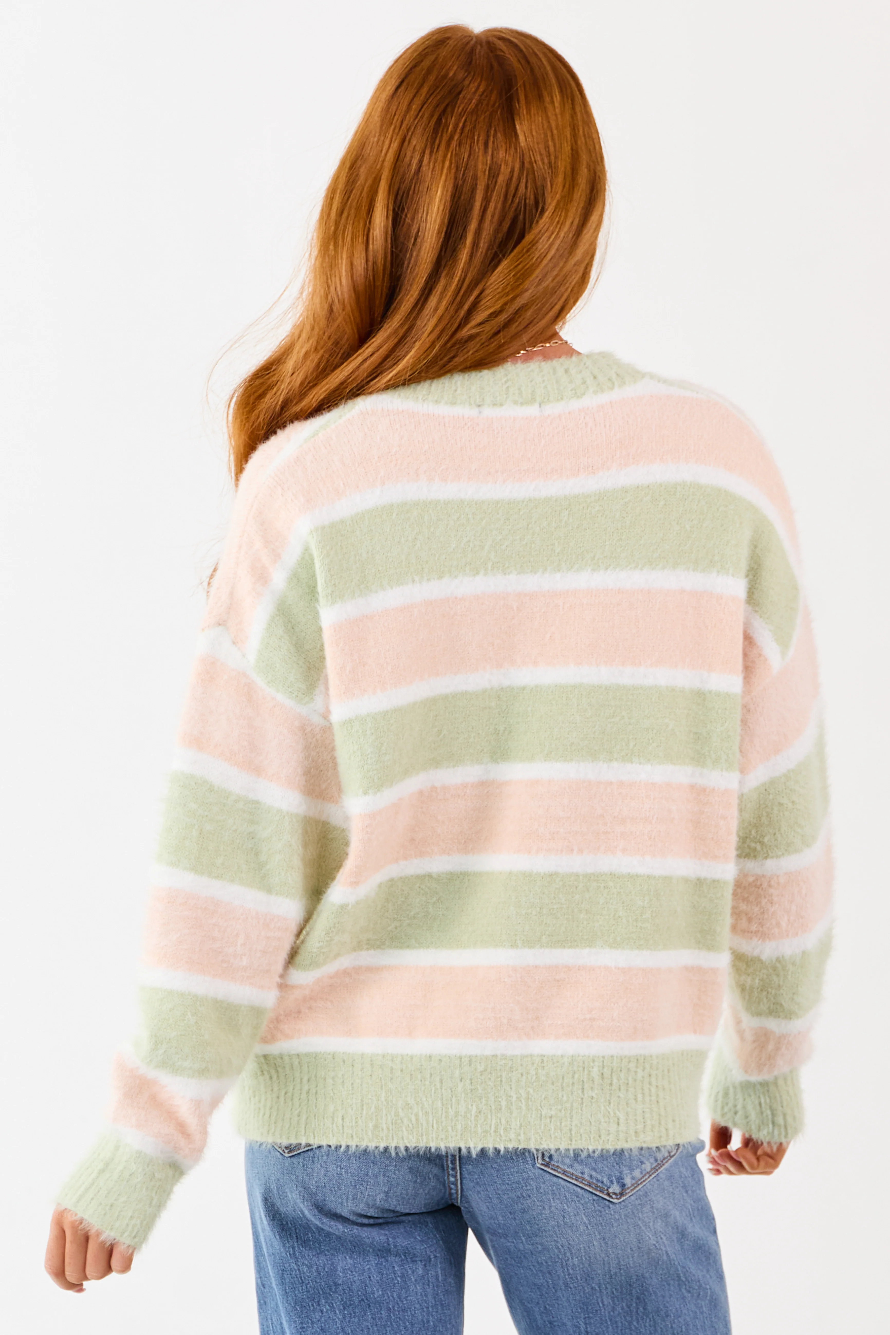 Sage and Tea Rose Striped Soft Fuzzy Knit Sweater - Image 5