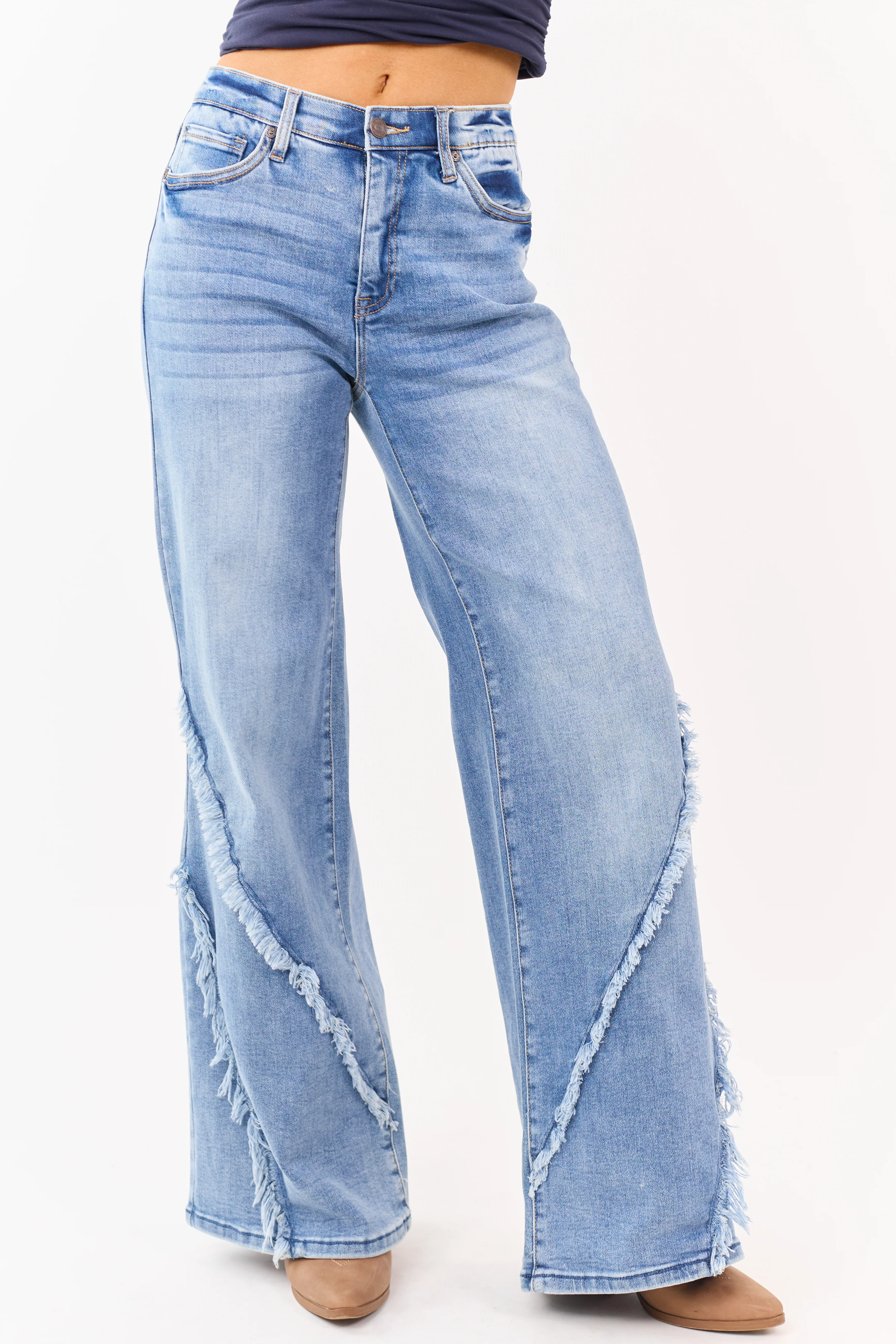 Saige Medium Tummy Control Stretchy Wide Frayed Jeans - Image 3