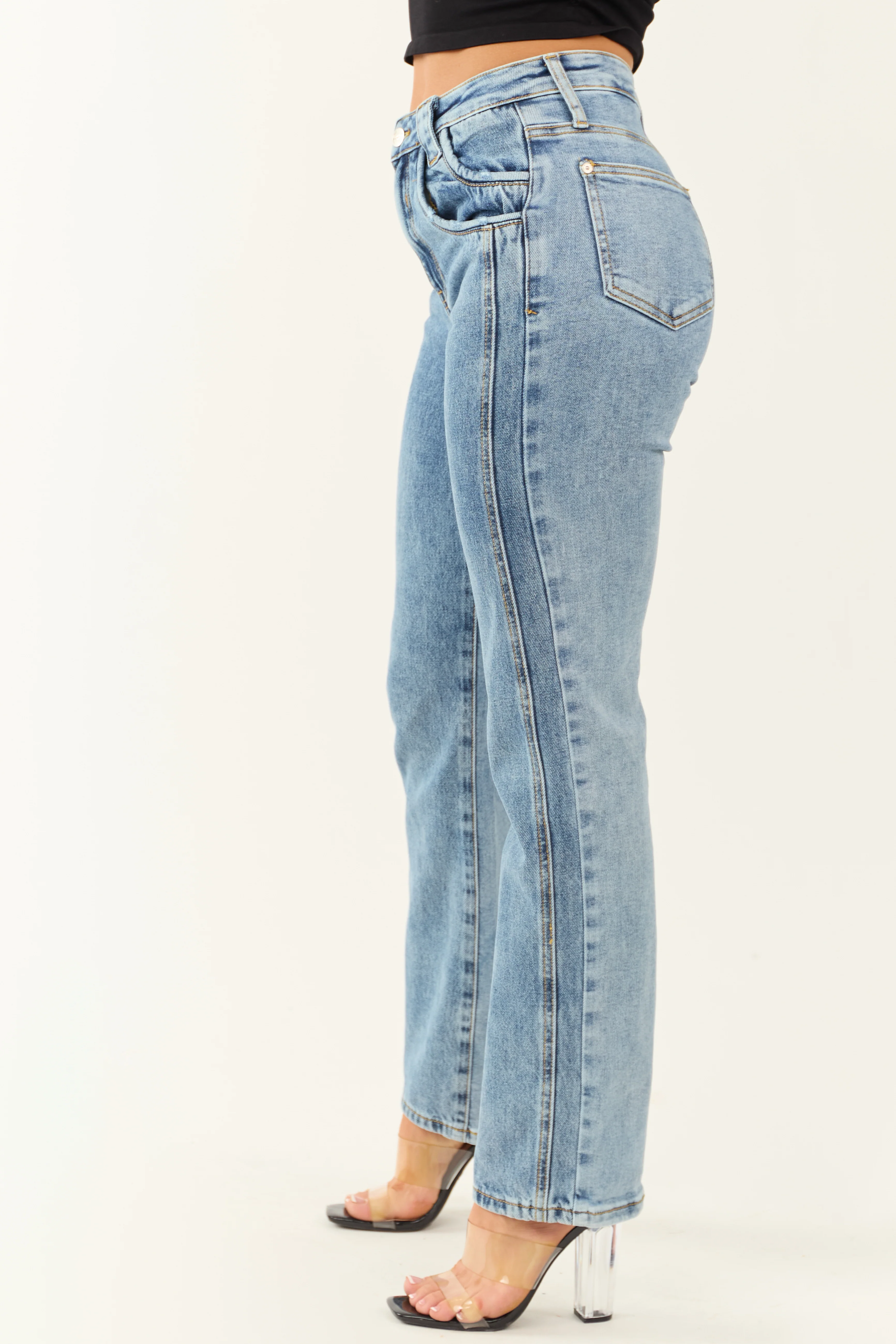 Saige Medium Wash Straight Leg High Waist Jeans - Image 3
