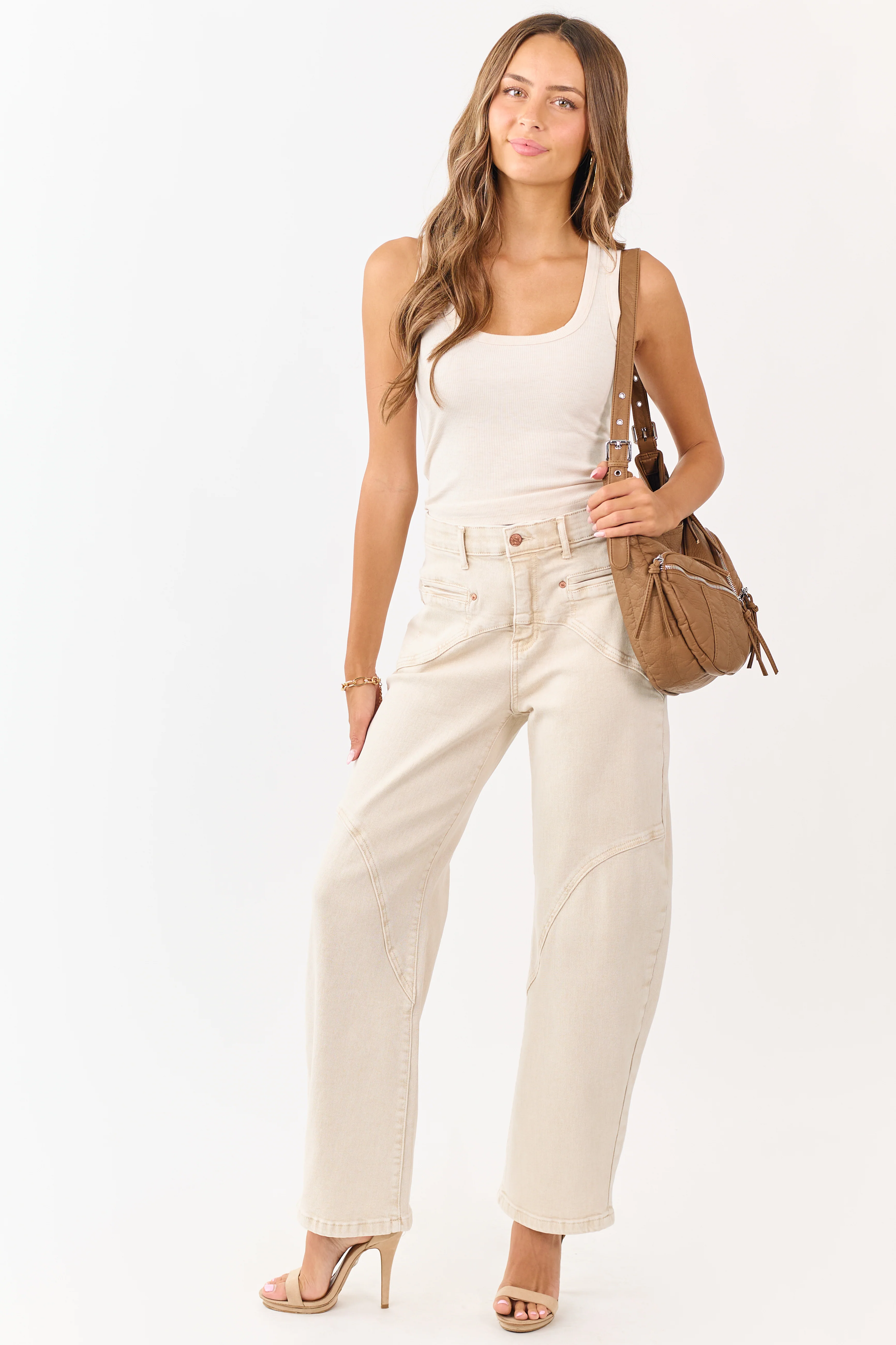 Saige Oatmeal Stretchy Tummy Control Barrel Jeans