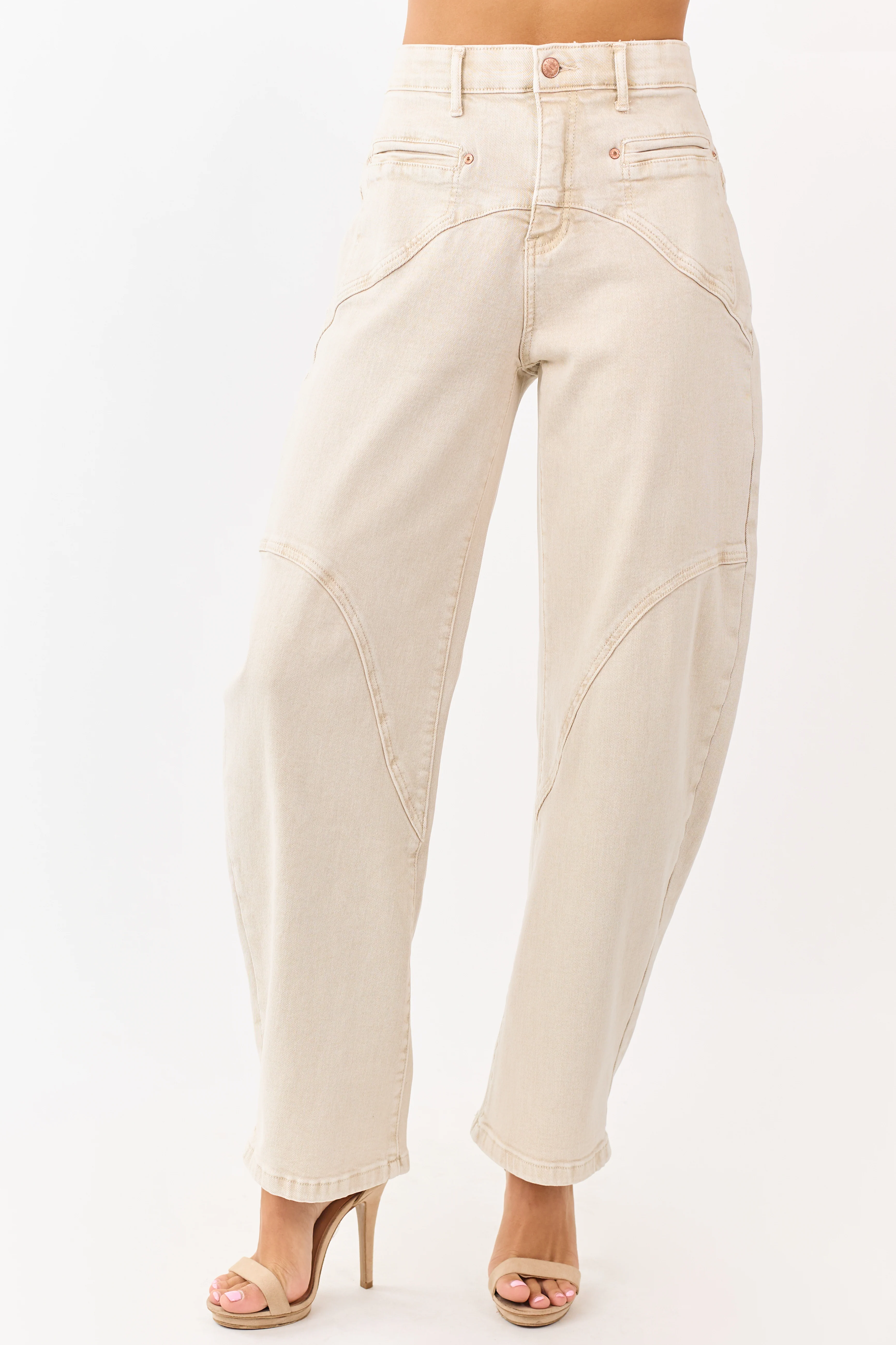 Saige Oatmeal Stretchy Tummy Control Barrel Jeans - Image 2