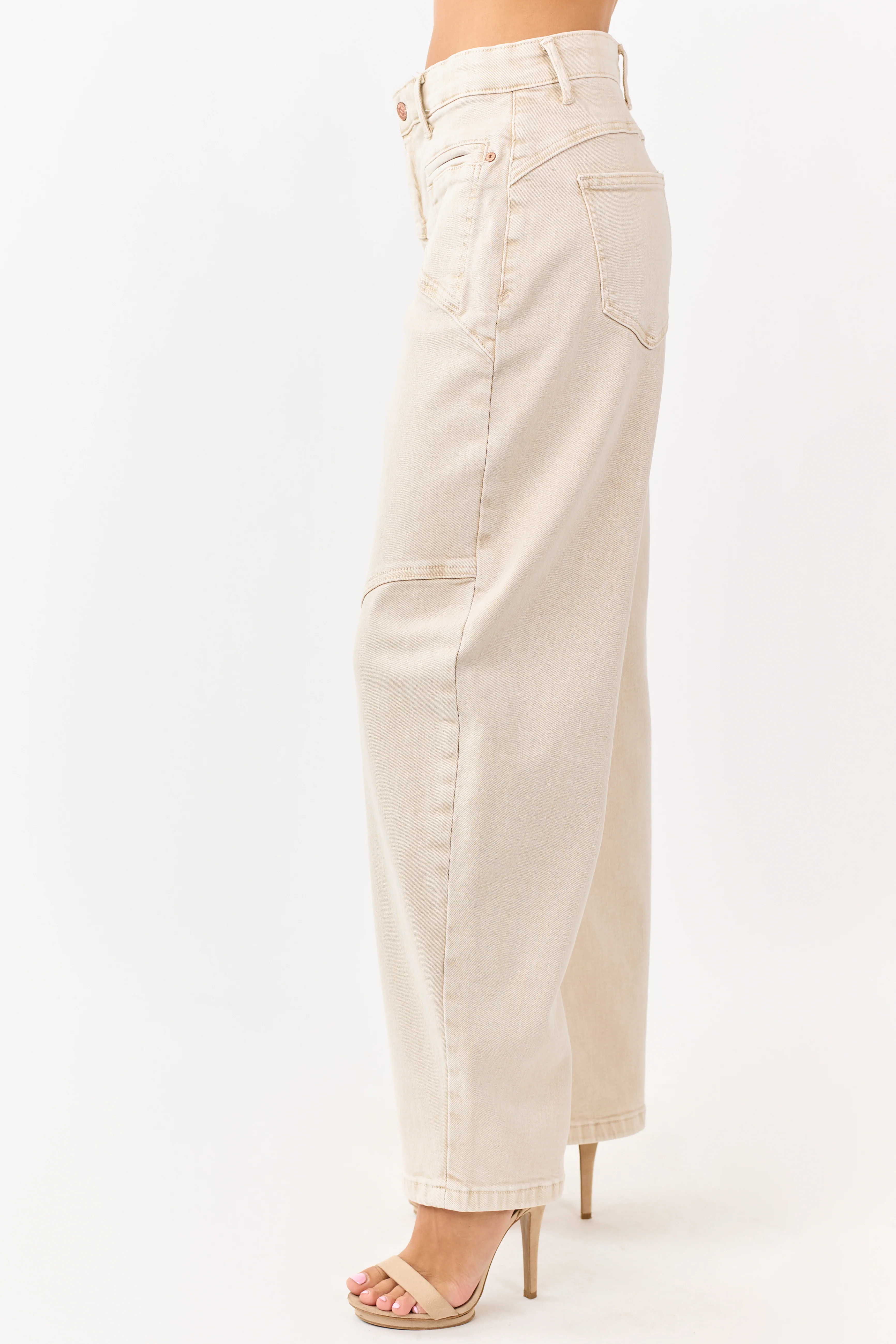 Saige Oatmeal Stretchy Tummy Control Barrel Jeans - Image 3