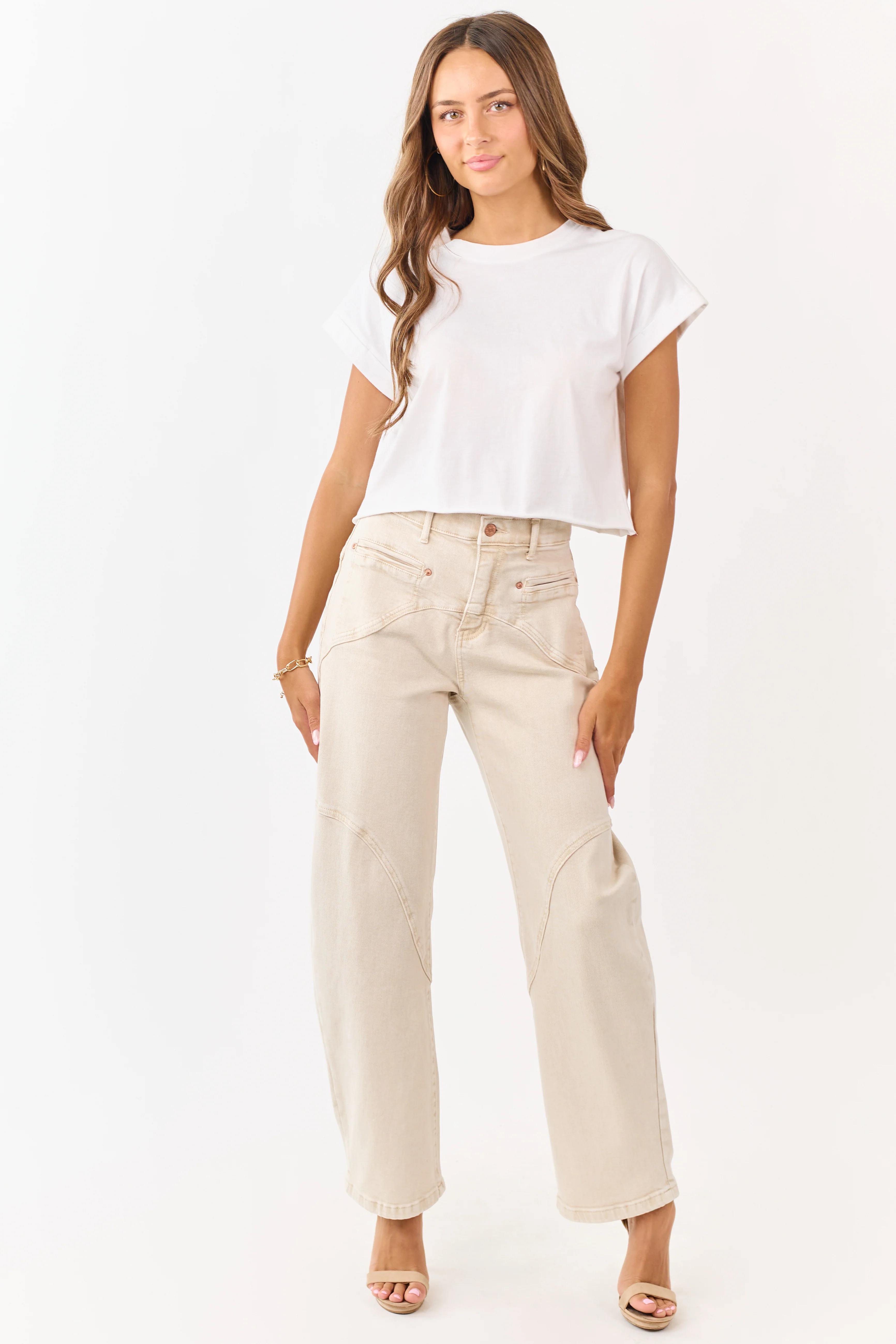 Saige Oatmeal Stretchy Tummy Control Barrel Jeans - Image 5