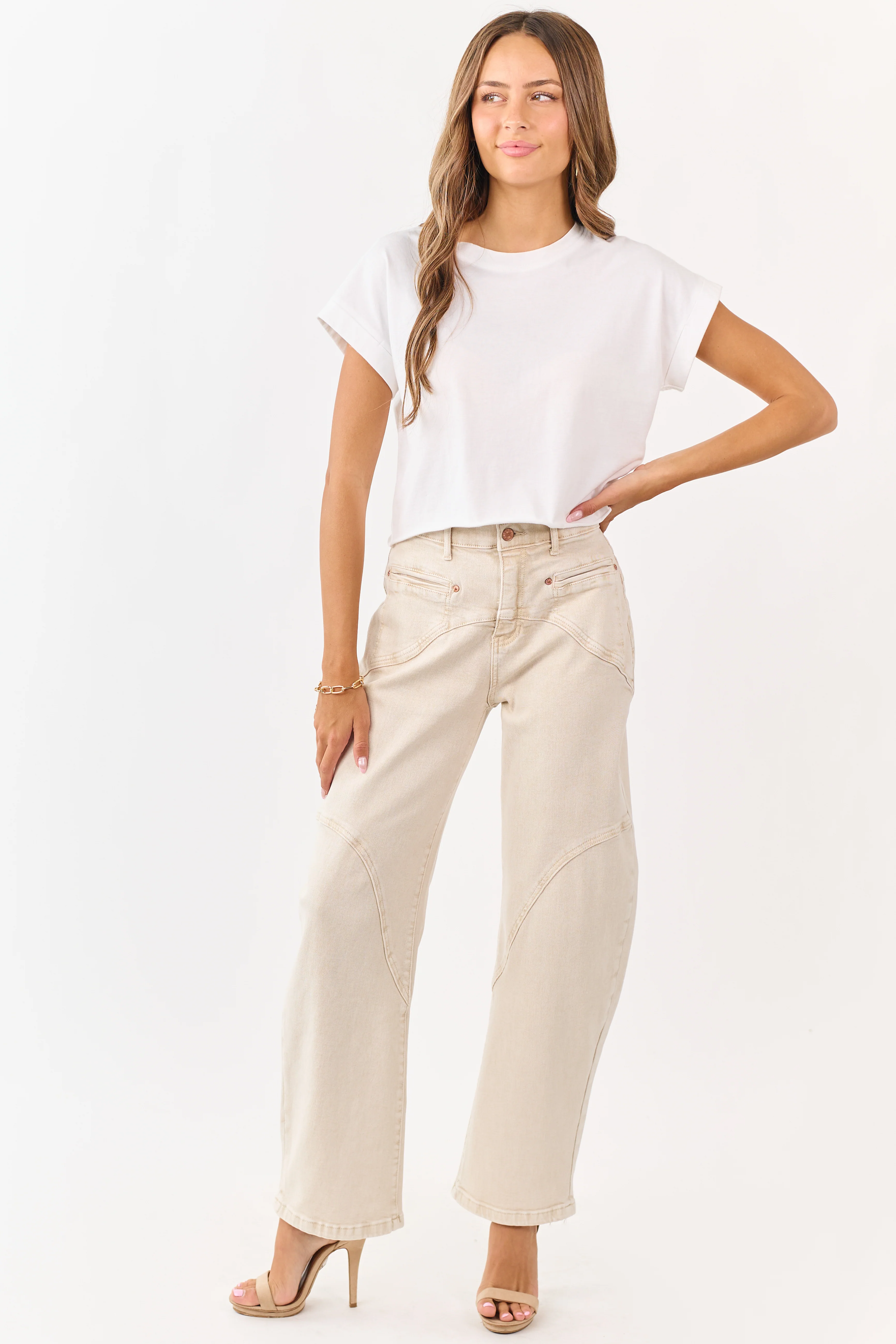Saige Oatmeal Stretchy Tummy Control Barrel Jeans - Image 6