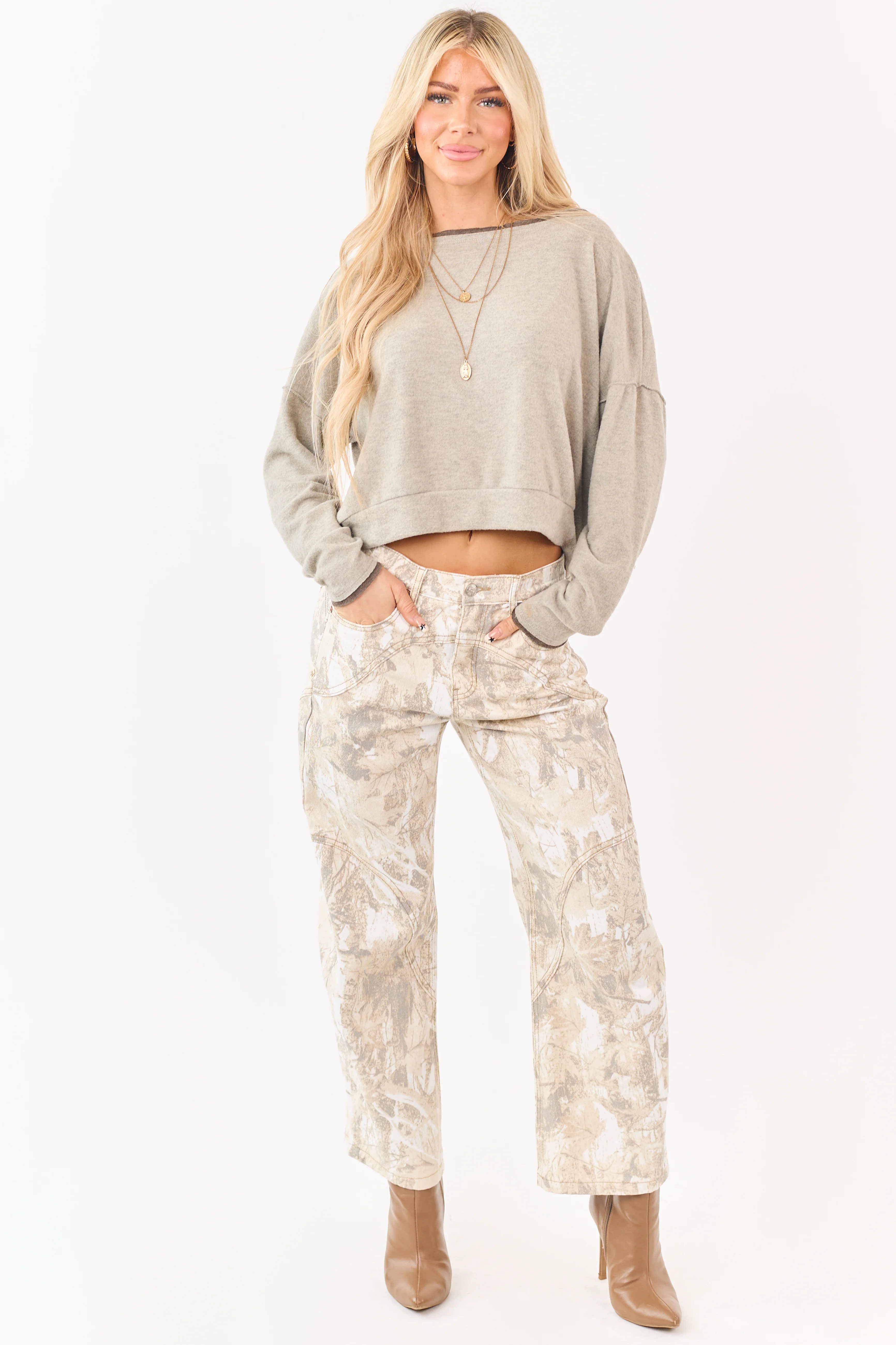 Saige Sand Camo Print Tummy Control Barrel Jeans - Image 5