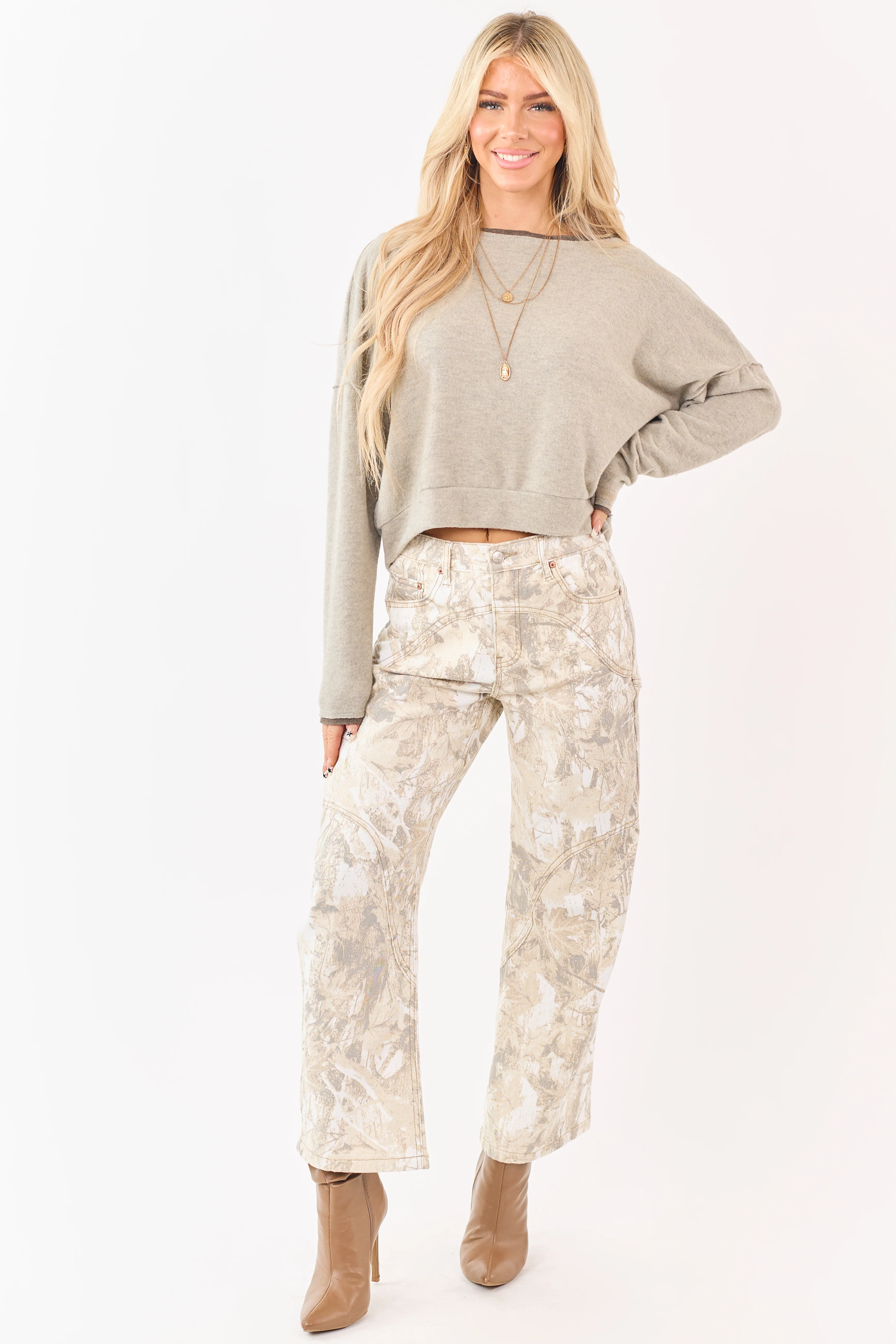 Saige Sand Camo Print Tummy Control Barrel Jeans - Image 6