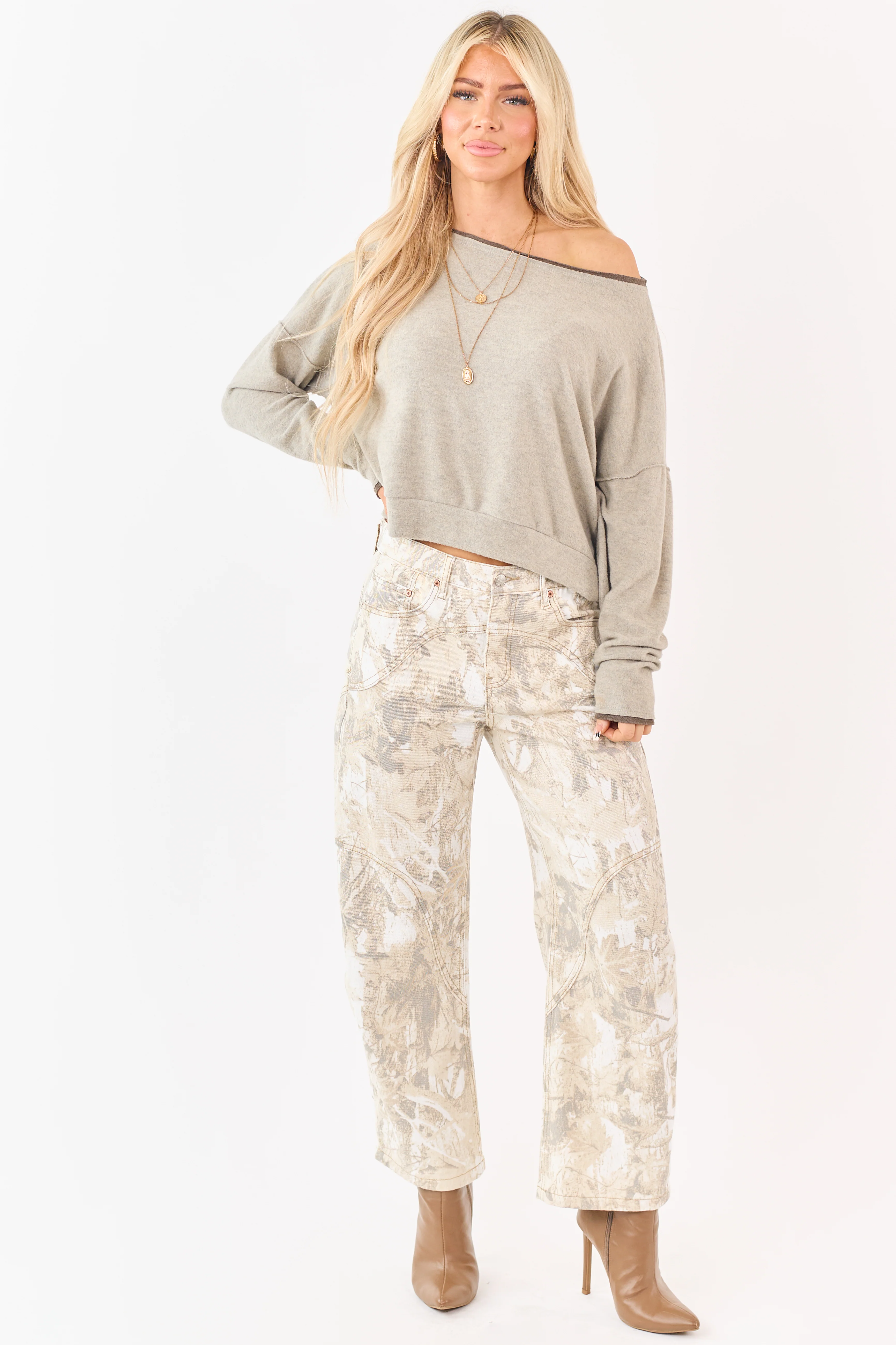 Saige Sand Camo Print Tummy Control Barrel Jeans - Image 7
