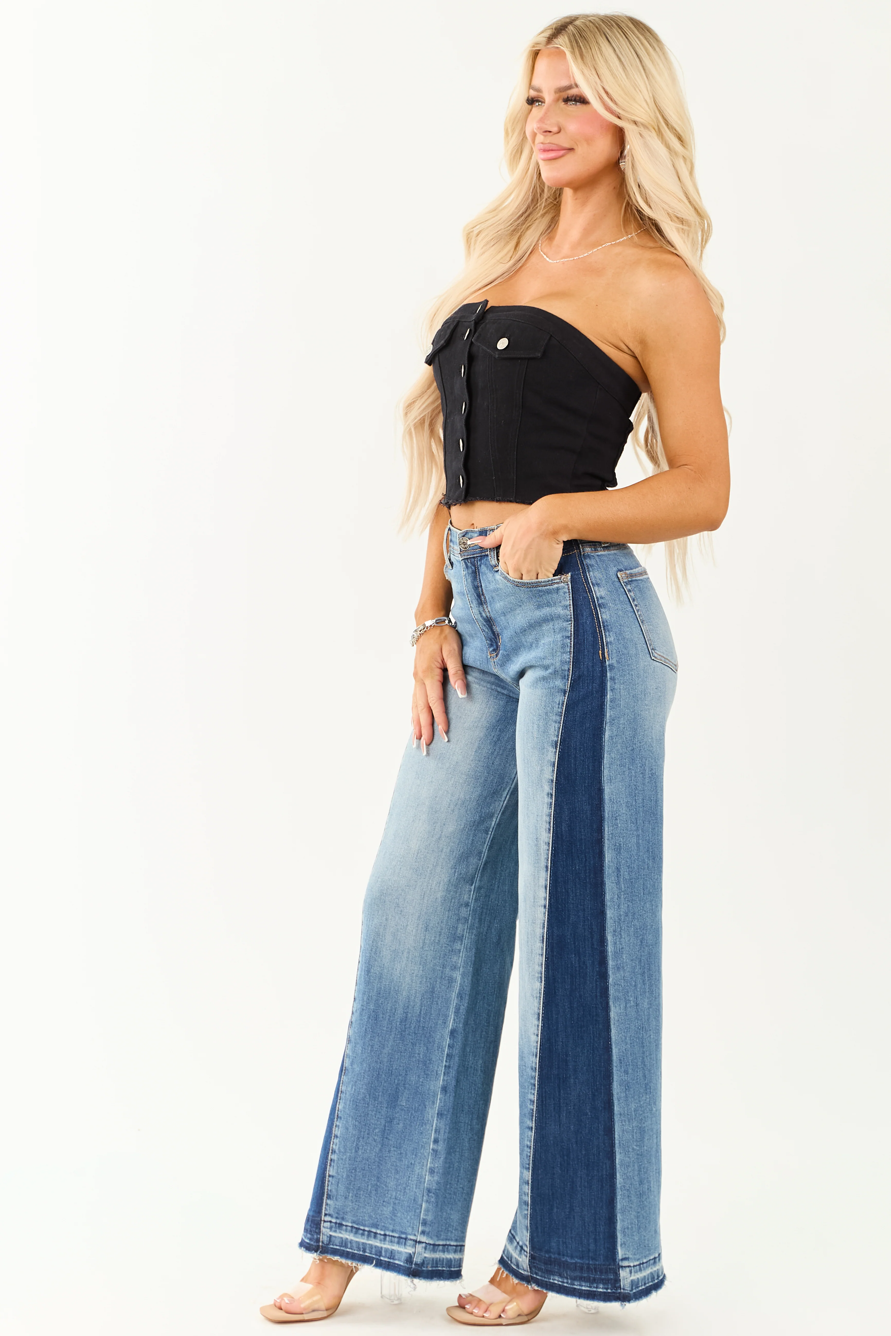 Saige Side Panel Tummy Control Stretchy Wide Jeans - Image 2