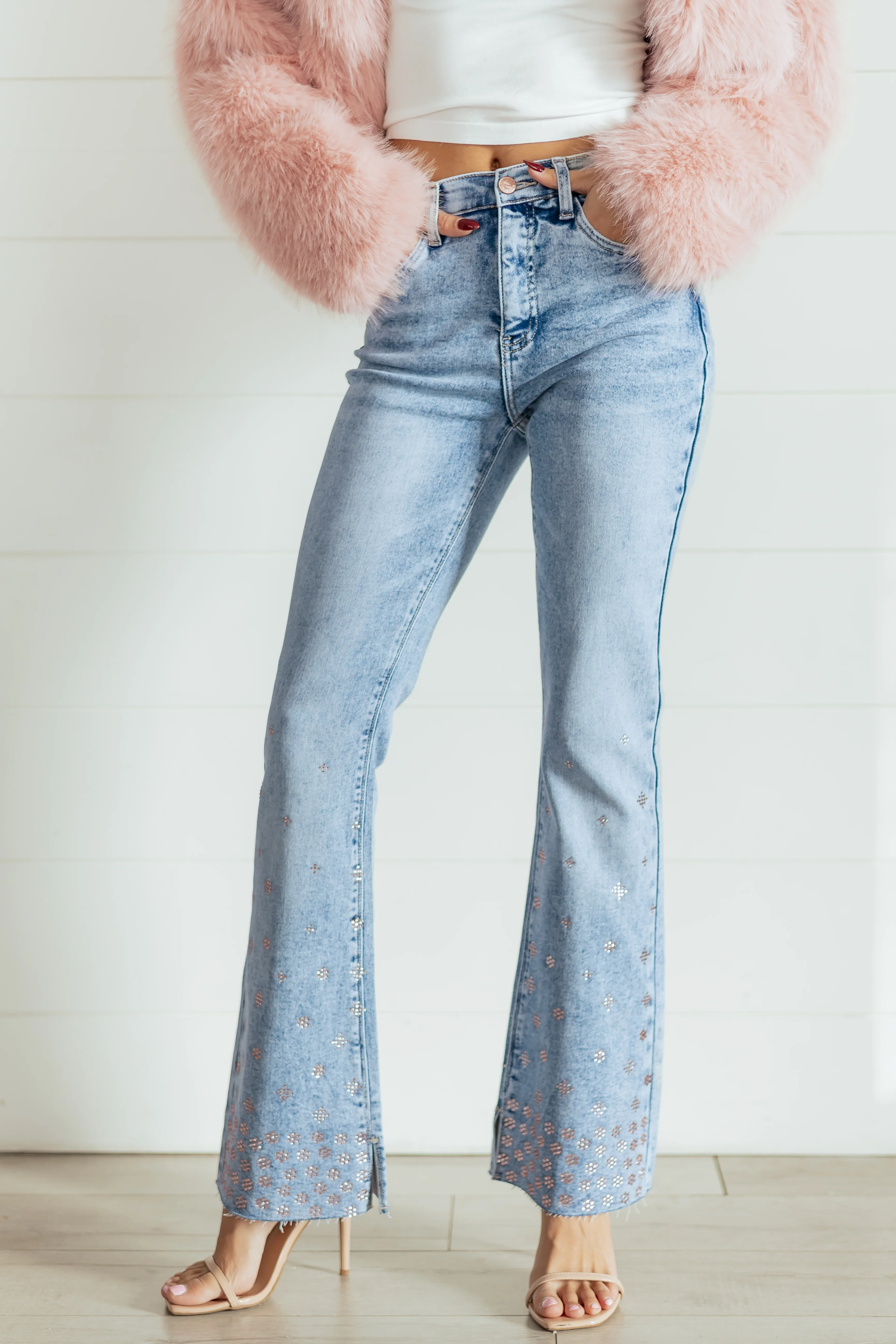 Saige Tummy Control Floral Rhinestone Stretch Flare Jeans - Image 3