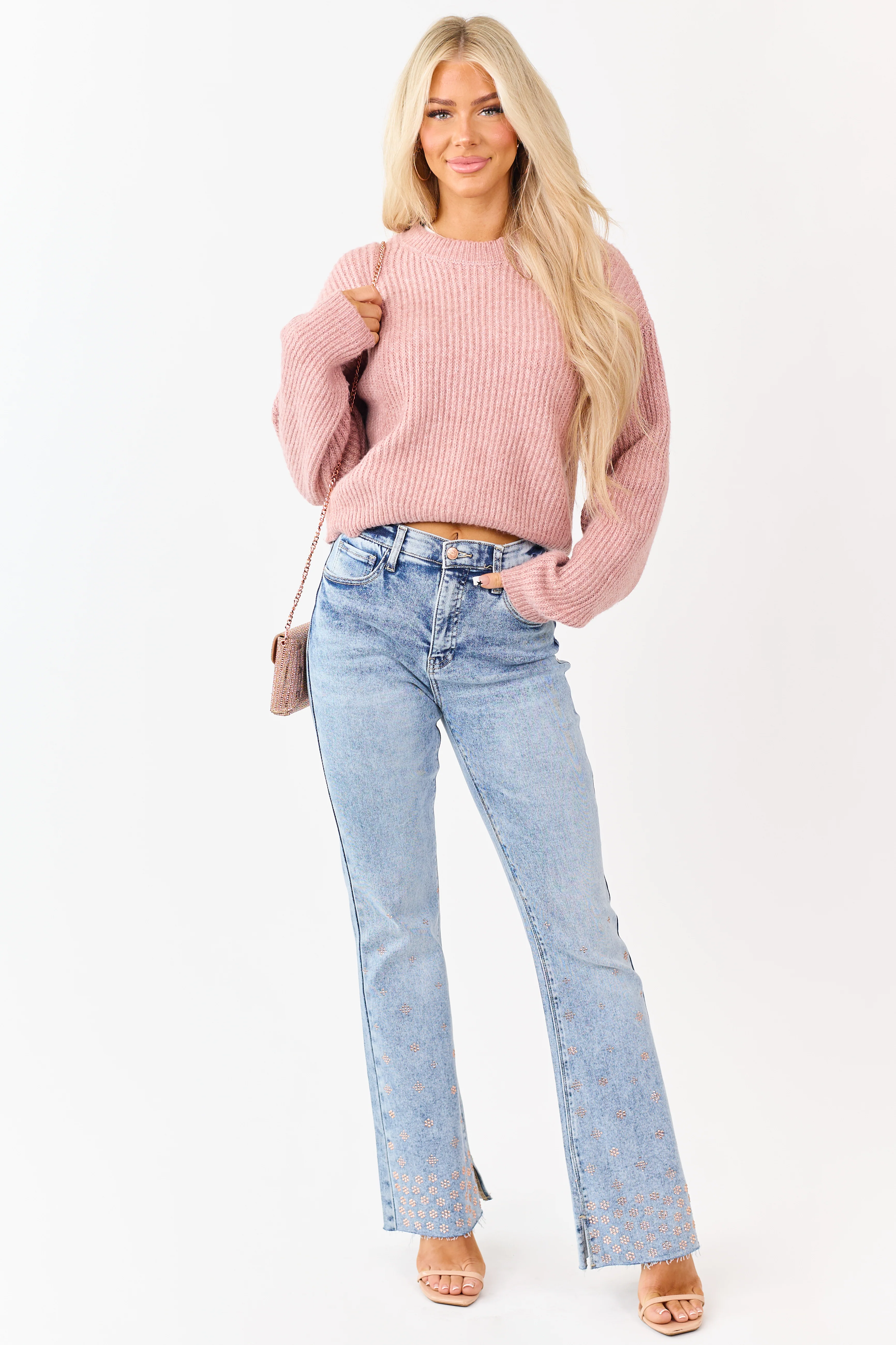 Saige Tummy Control Floral Rhinestone Stretch Flare Jeans - Image 5