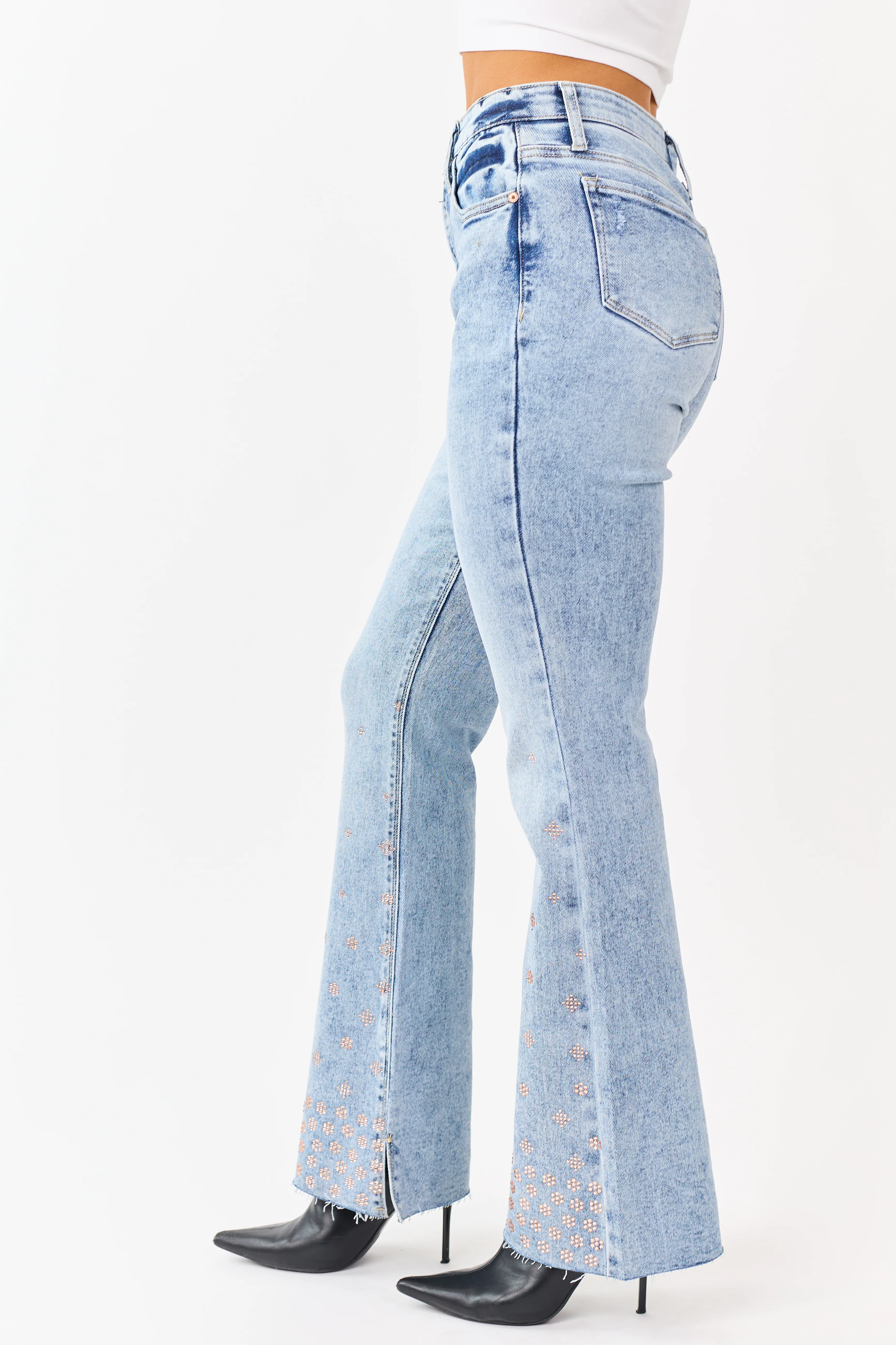 Saige Tummy Control Floral Rhinestone Stretch Flare Jeans - Image 6