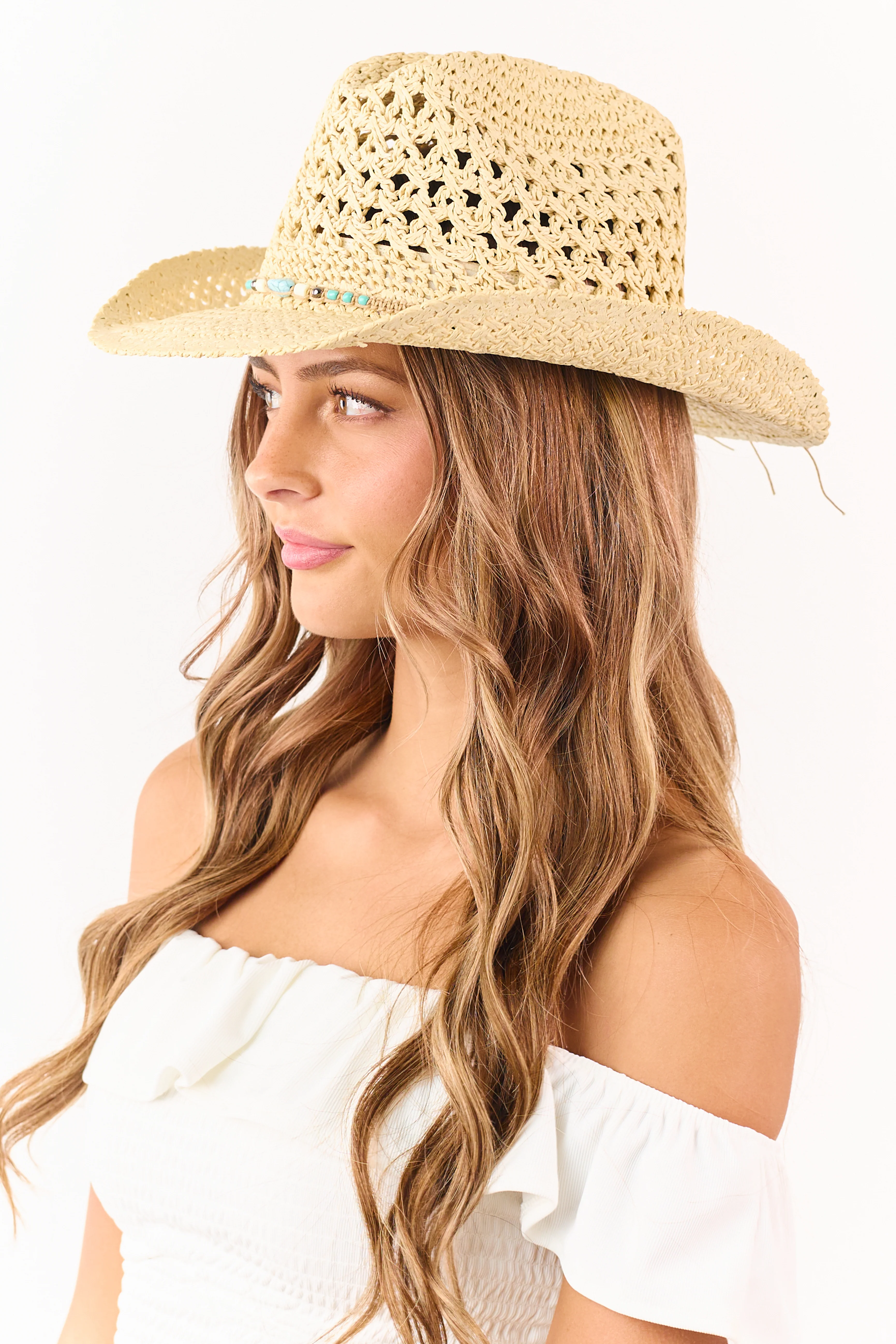 Sand Bead Detail Woven Straw Cowboy Hat - Image 2