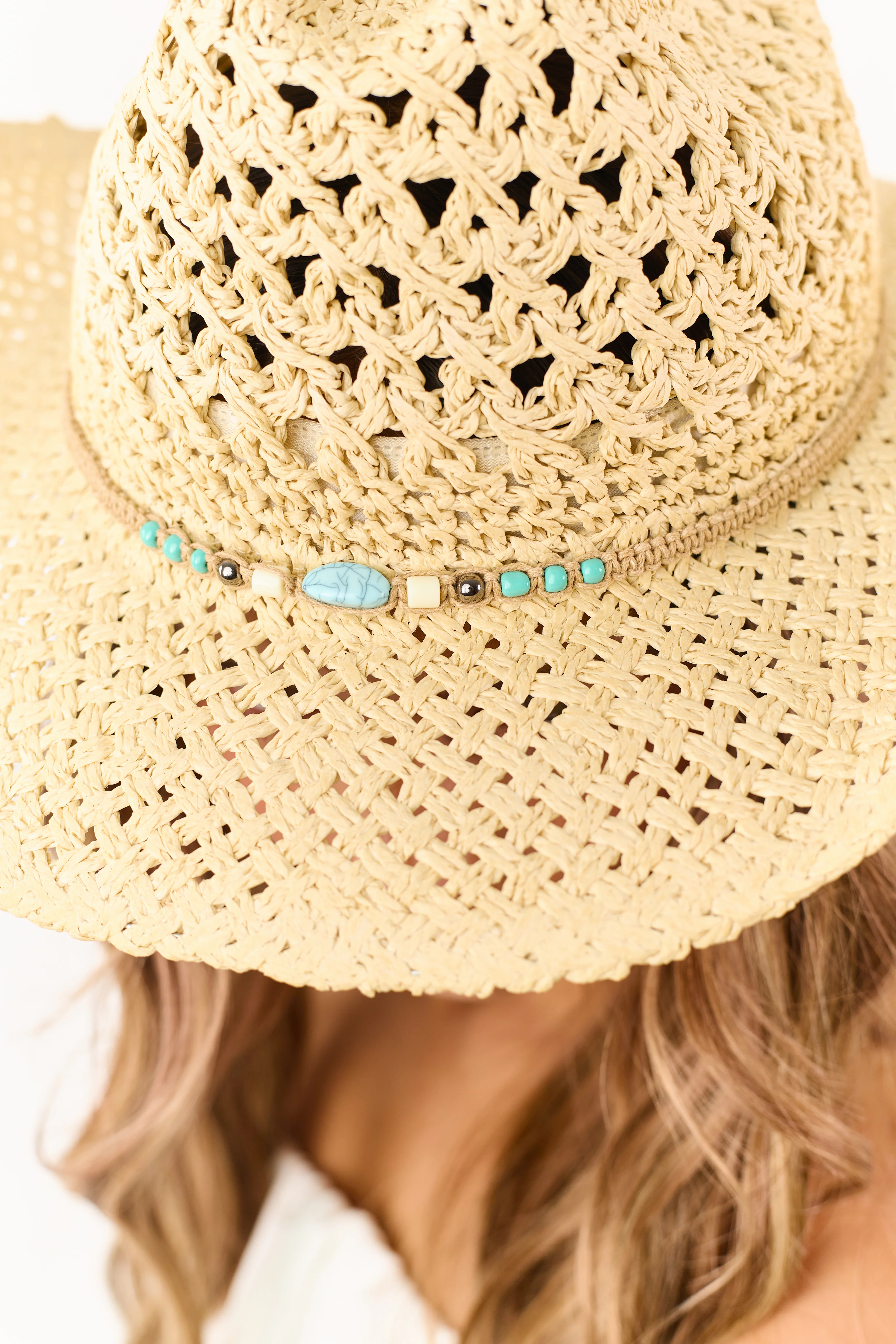 Sand Bead Detail Woven Straw Cowboy Hat - Image 4