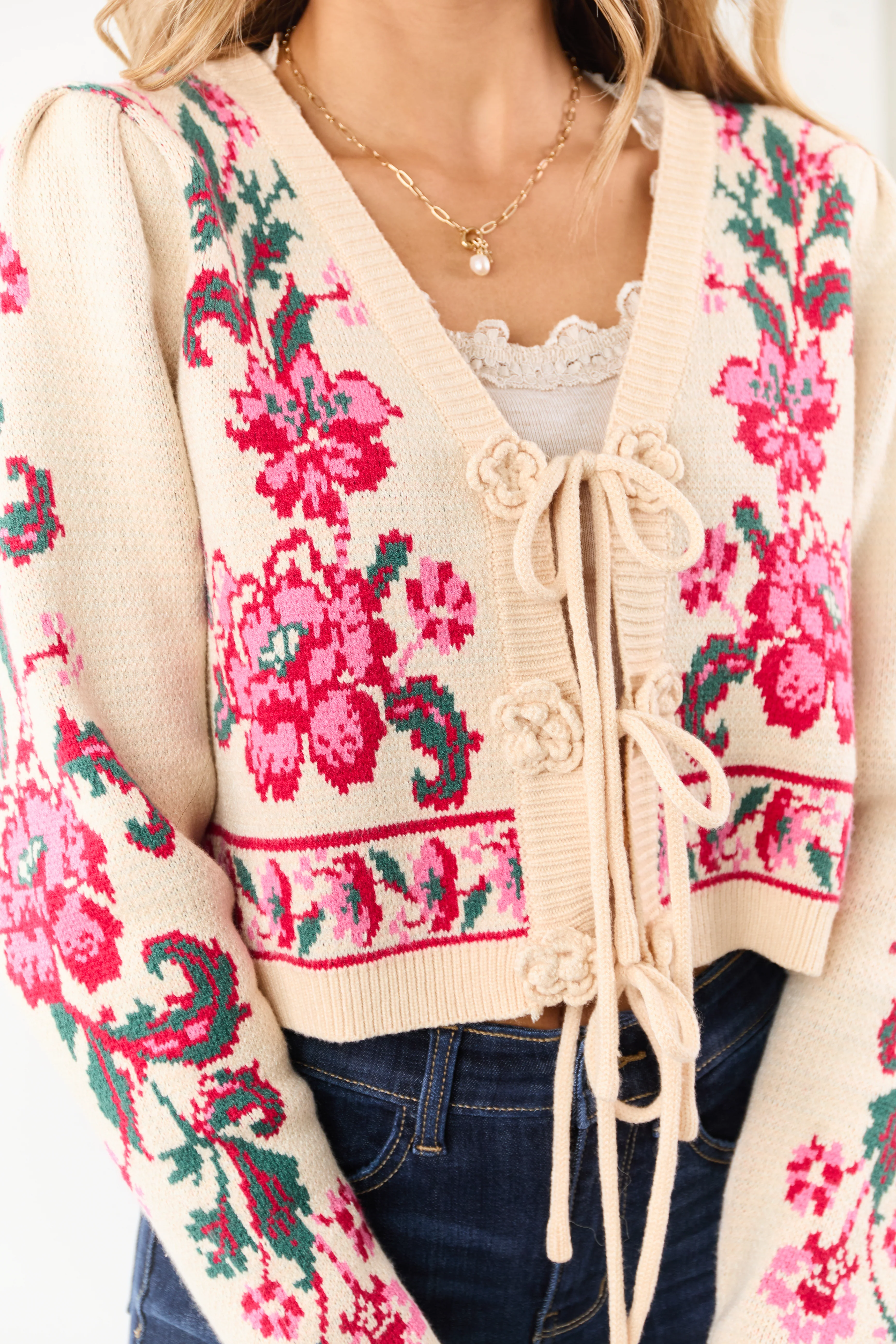 Sand Floral Print Tie Front Cropped Knit Cardigan - Image 2