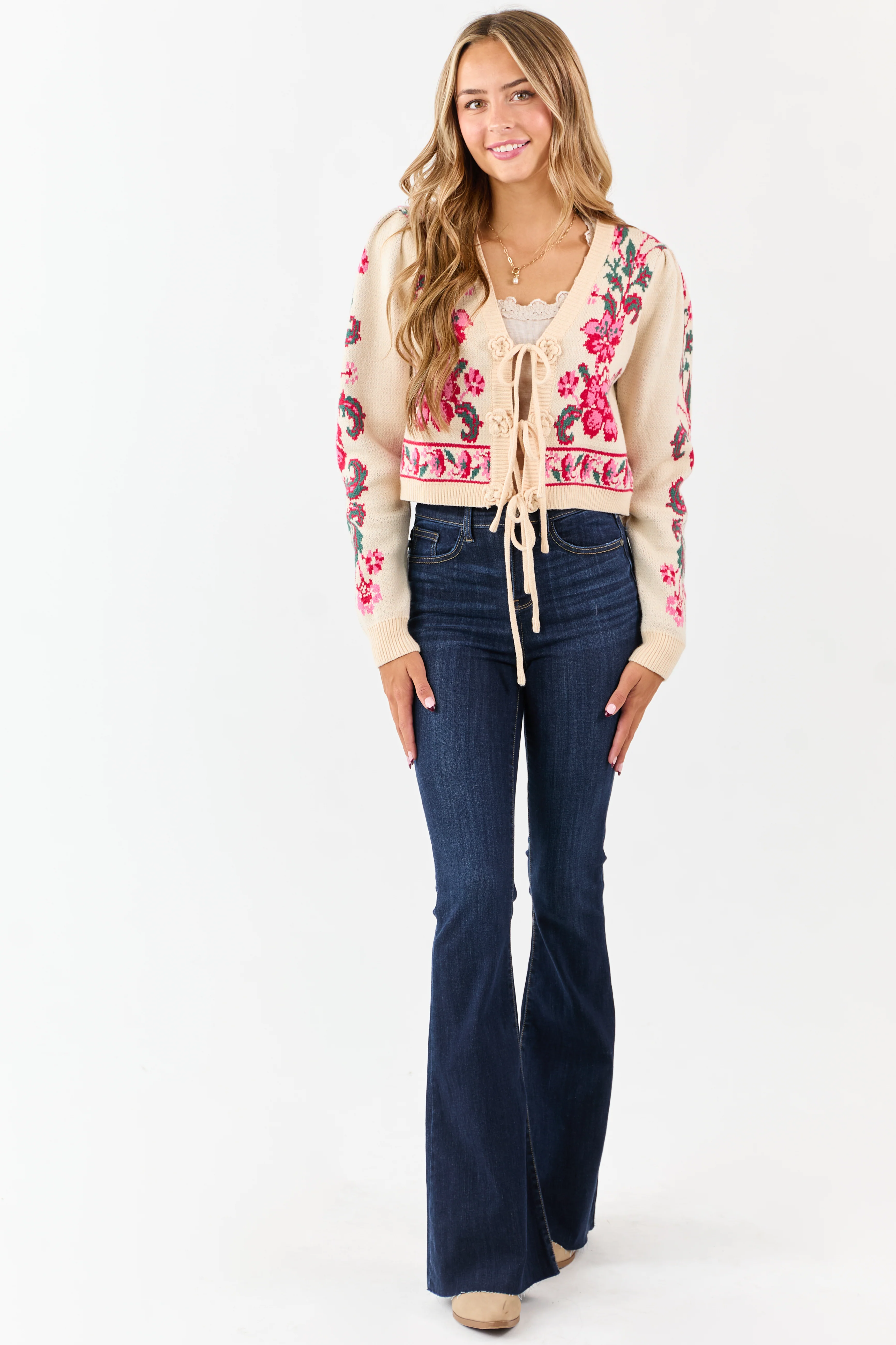 Sand Floral Print Tie Front Cropped Knit Cardigan - Image 4