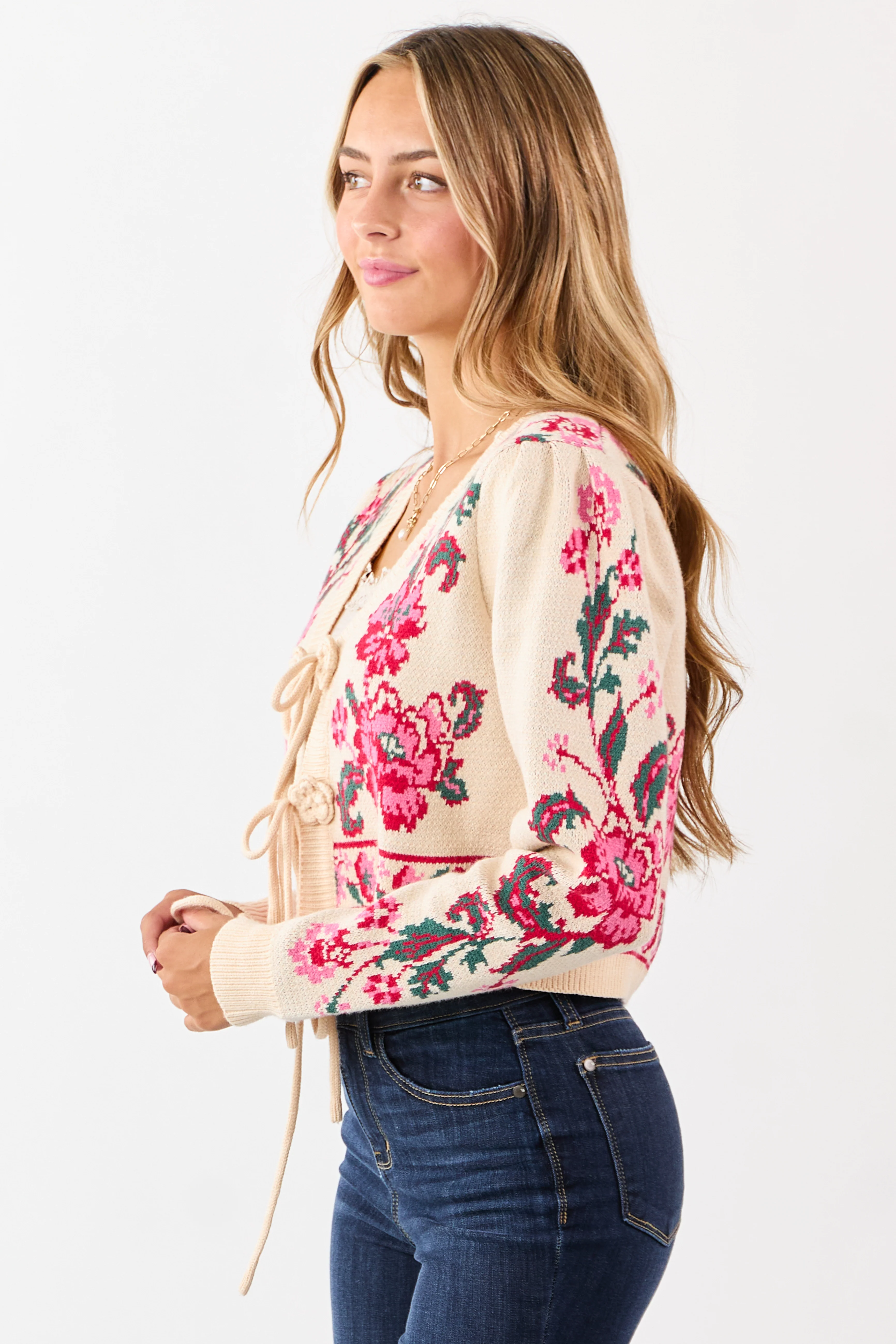 Sand Floral Print Tie Front Cropped Knit Cardigan - Image 5