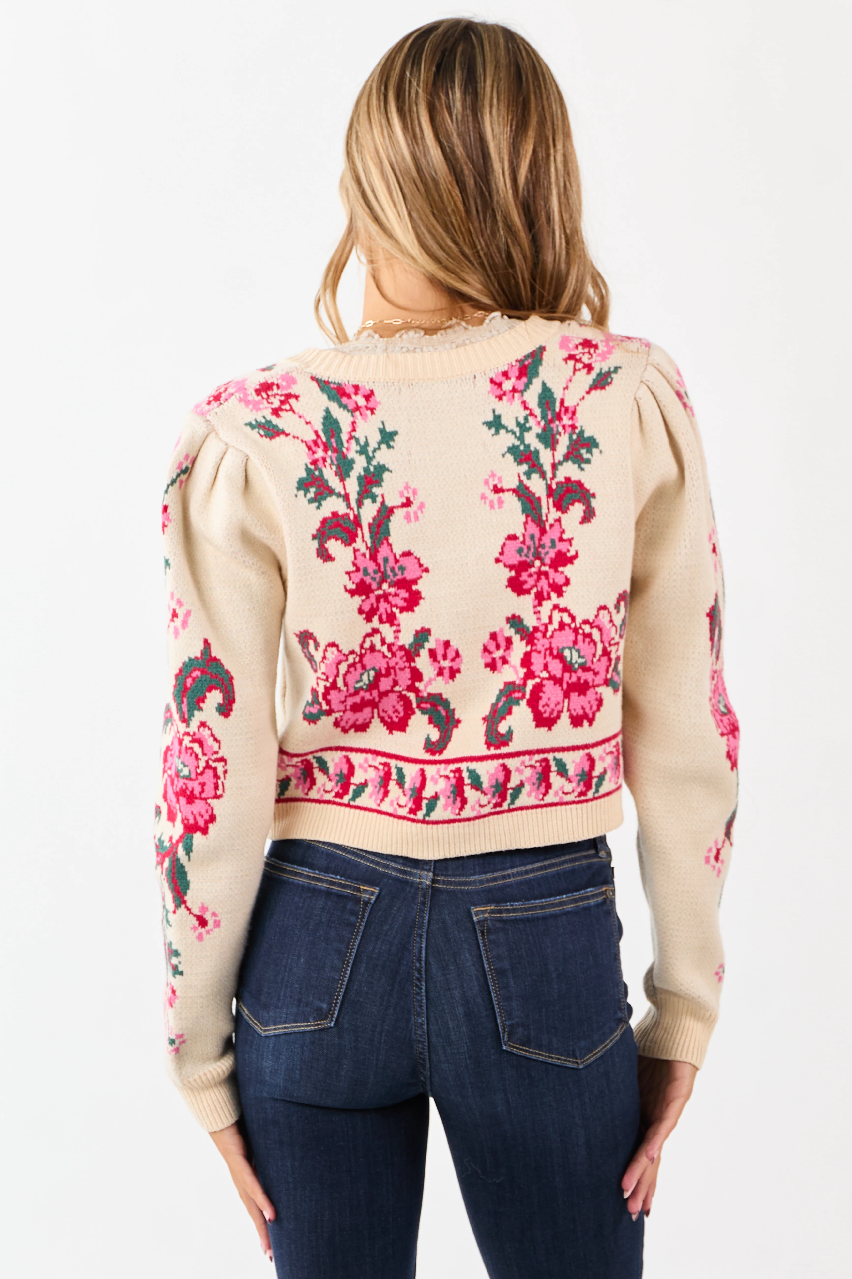 Sand Floral Print Tie Front Cropped Knit Cardigan - Image 6