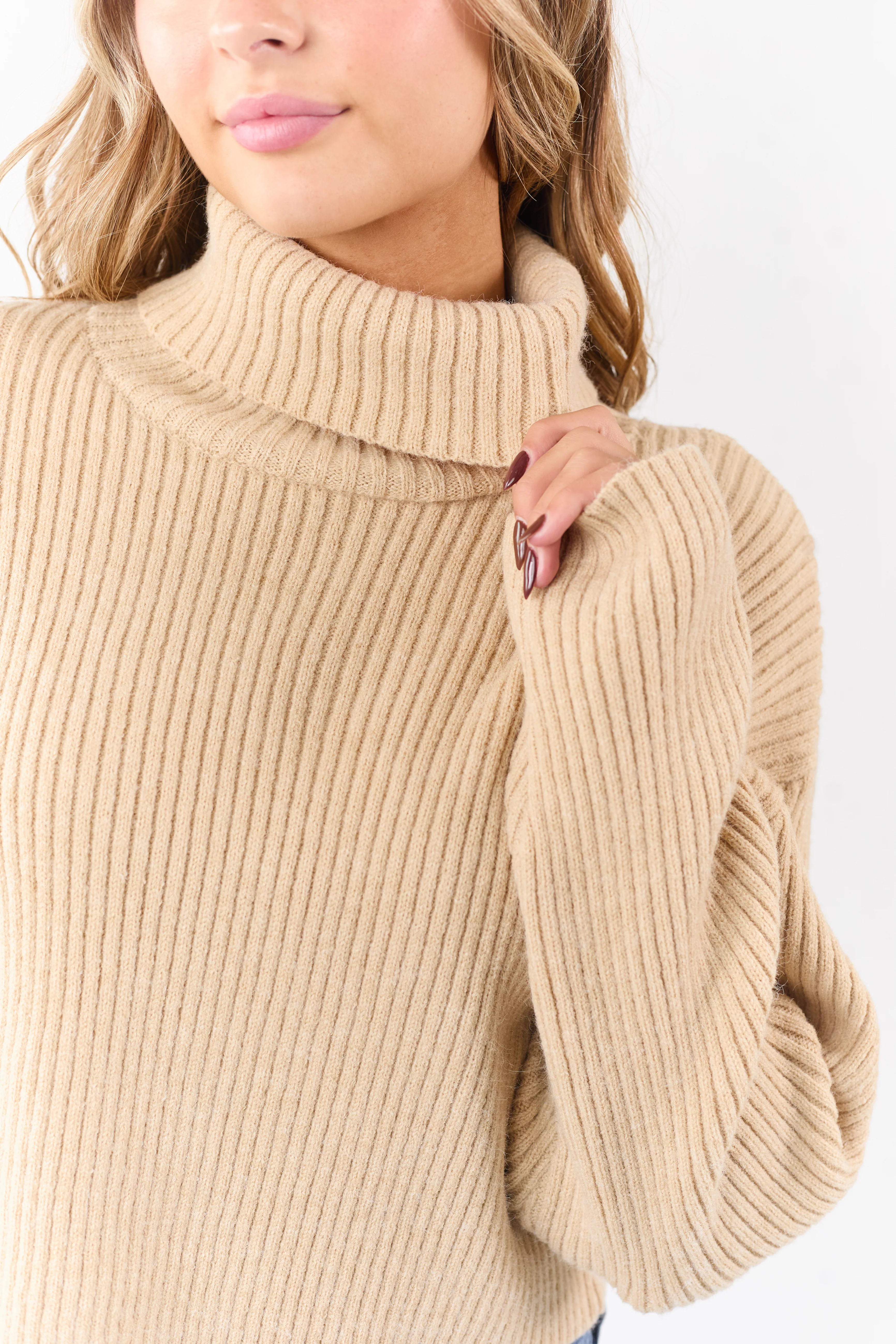 Sand Rib Knit Turtleneck Long Sleeve Crop Sweater - Image 6