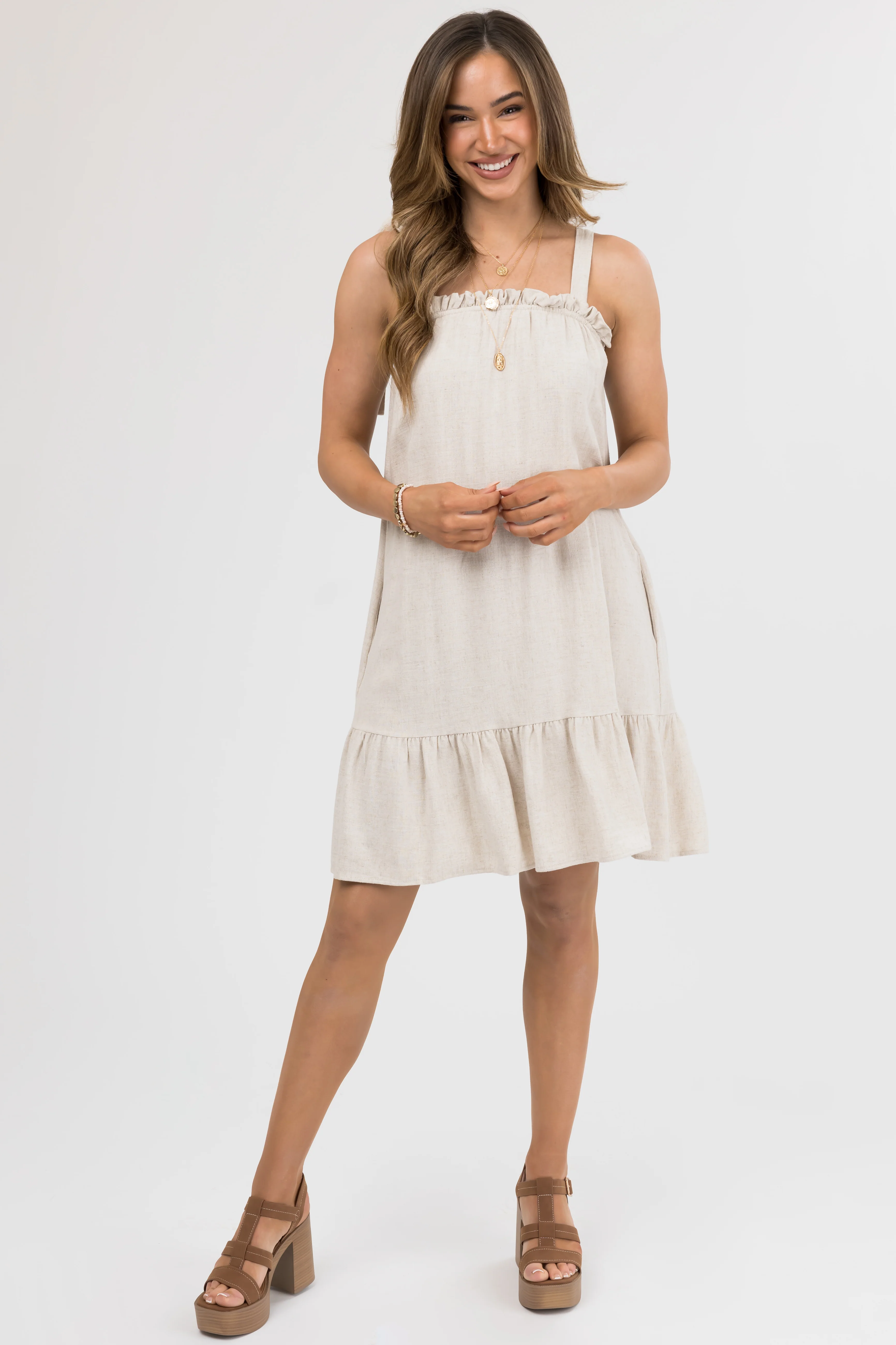 Sand Sleeveless Tie Strap Ruffle Mini Dress - Image 4
