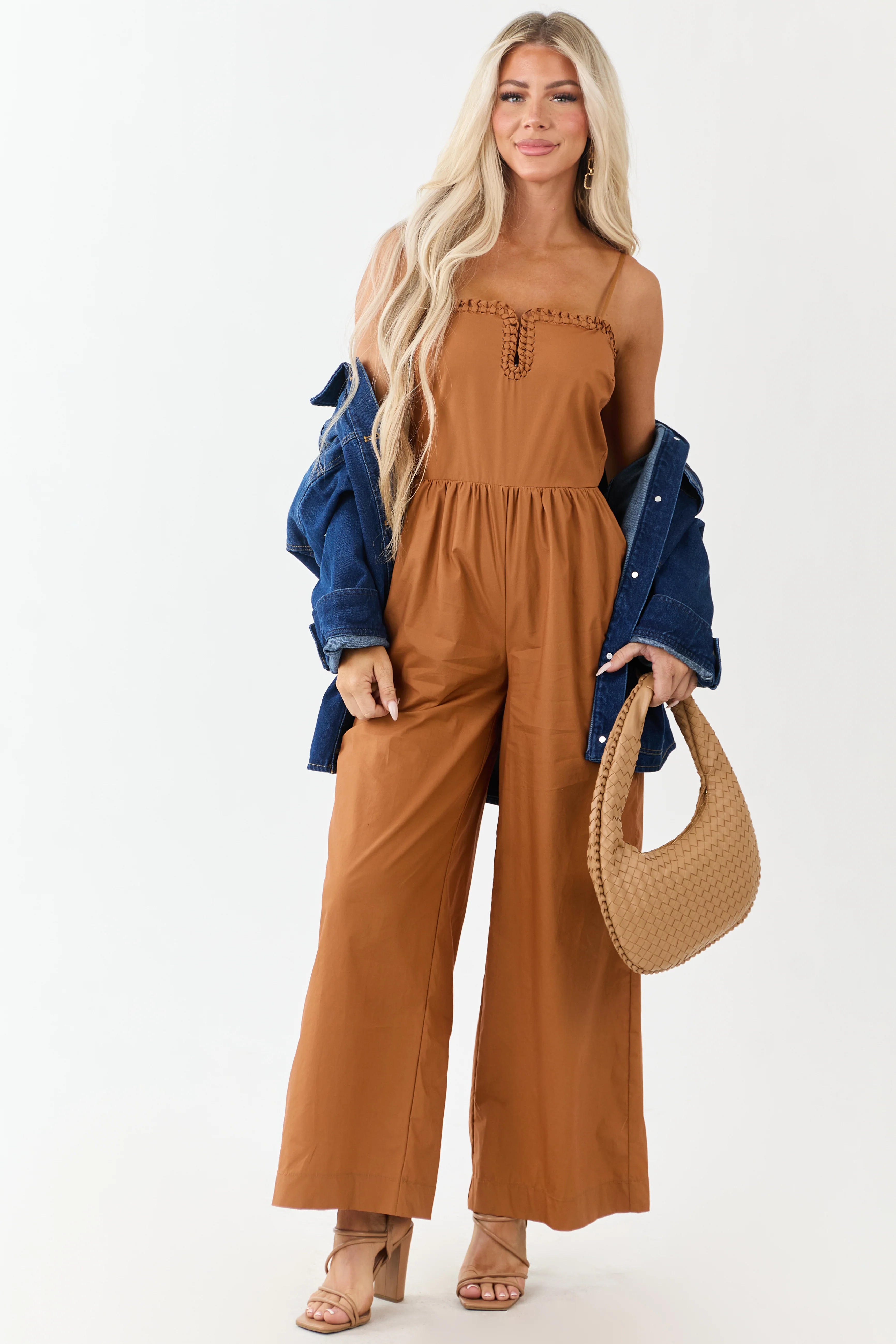 Sandstone Braided Notch Neck Wide Leg Cotton Jumpsuit - Image 2