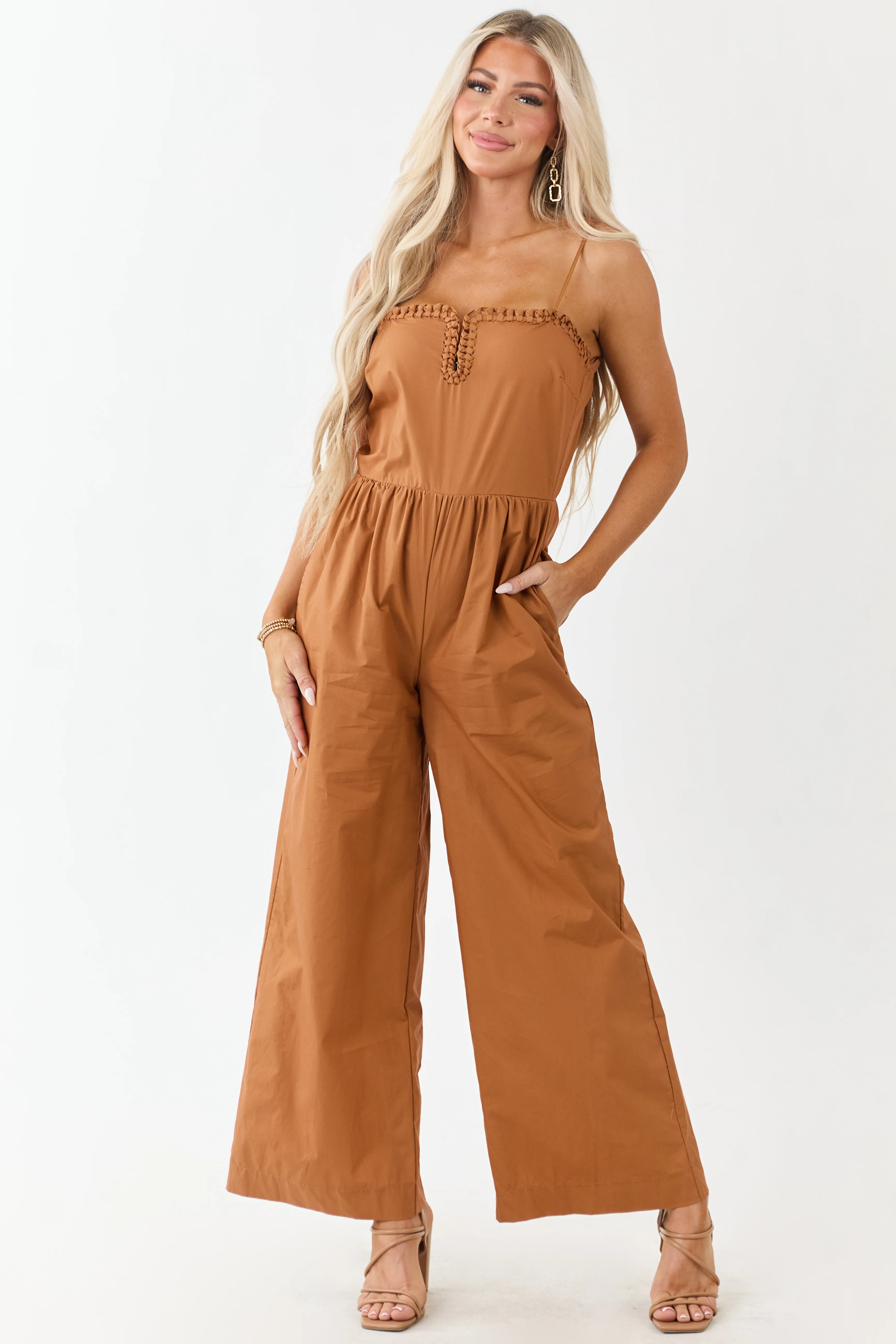 Sandstone Braided Notch Neck Wide Leg Cotton Jumpsuit - Image 3