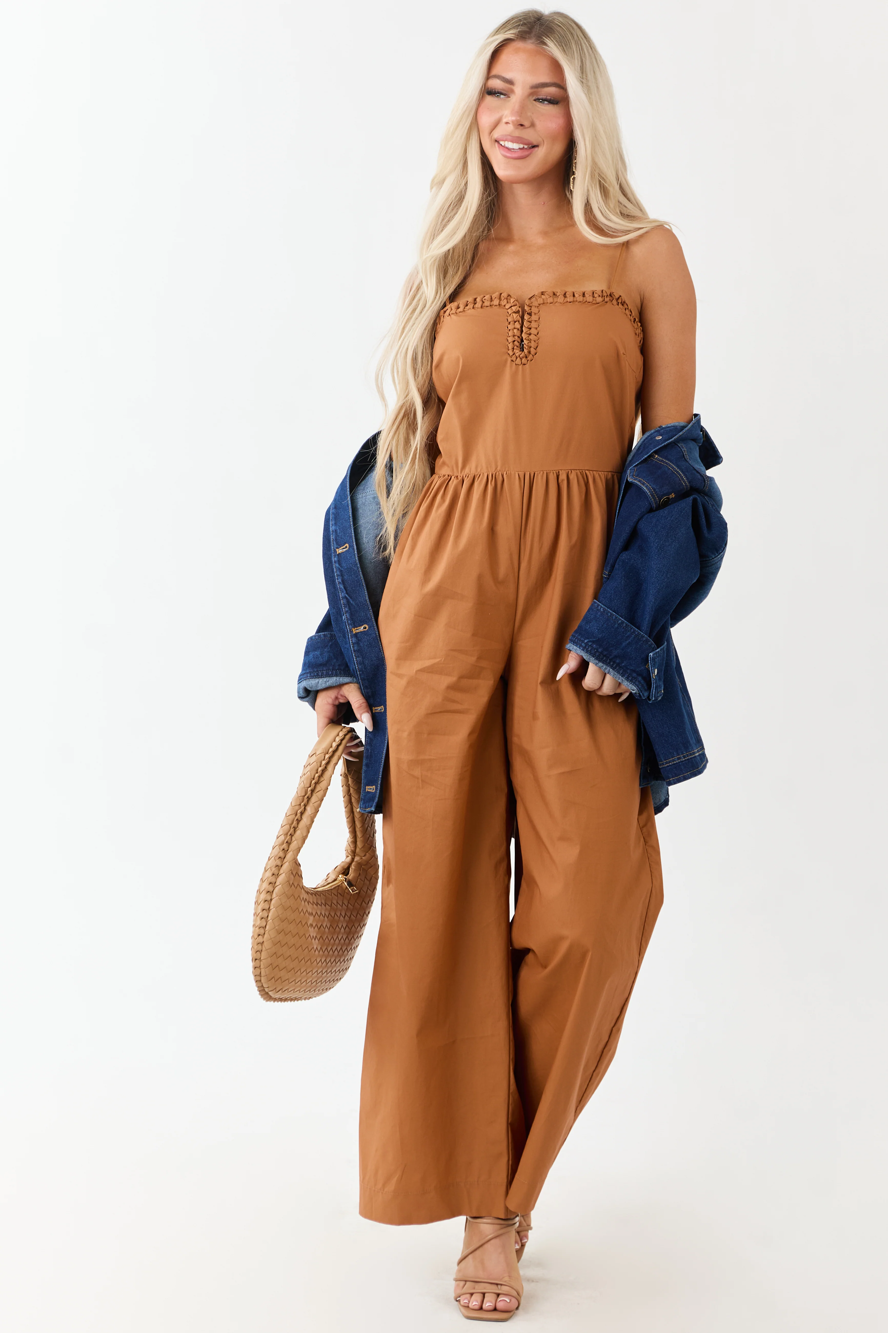 Sandstone Braided Notch Neck Wide Leg Cotton Jumpsuit - Image 4
