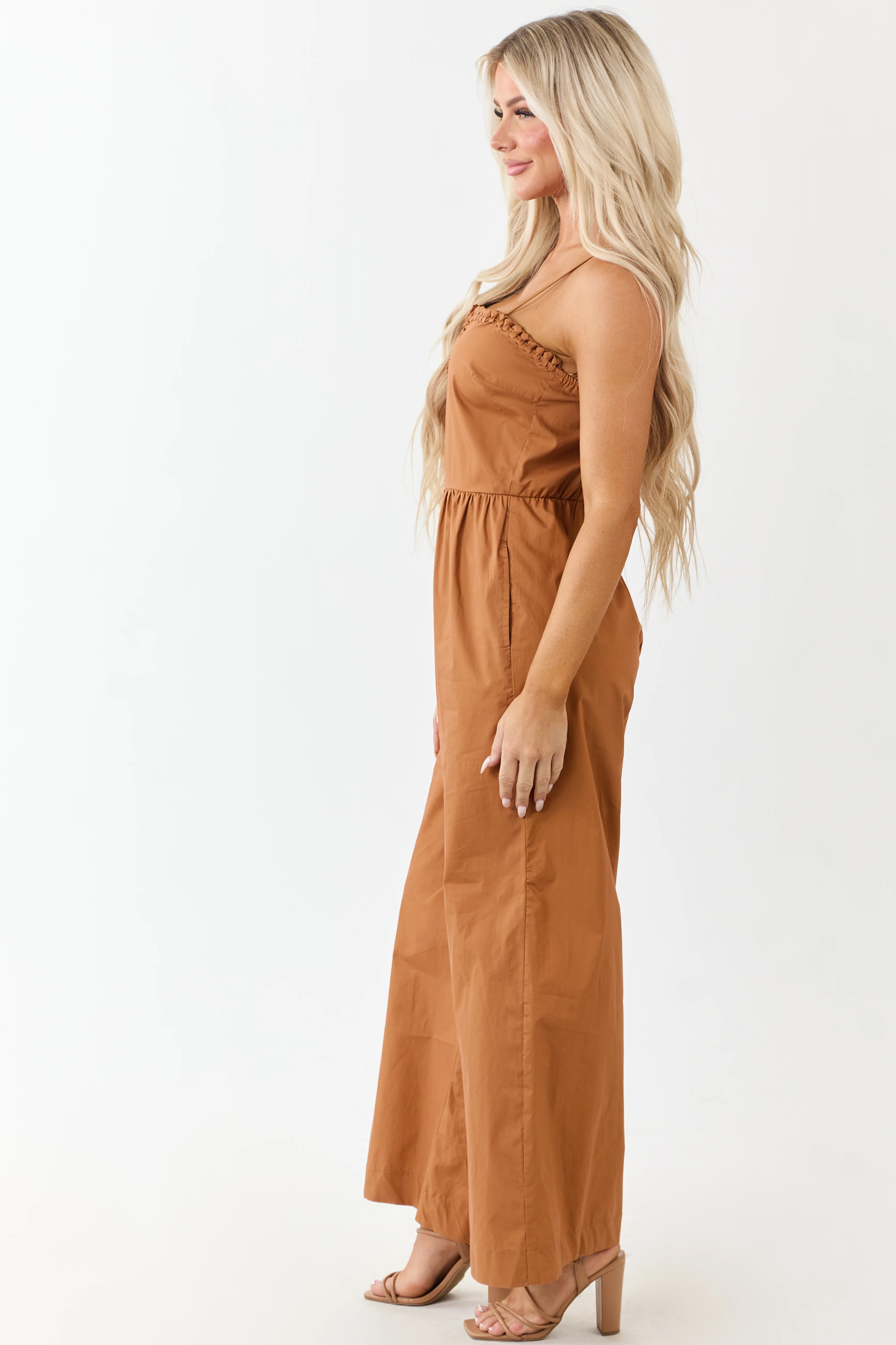 Sandstone Braided Notch Neck Wide Leg Cotton Jumpsuit - Image 5