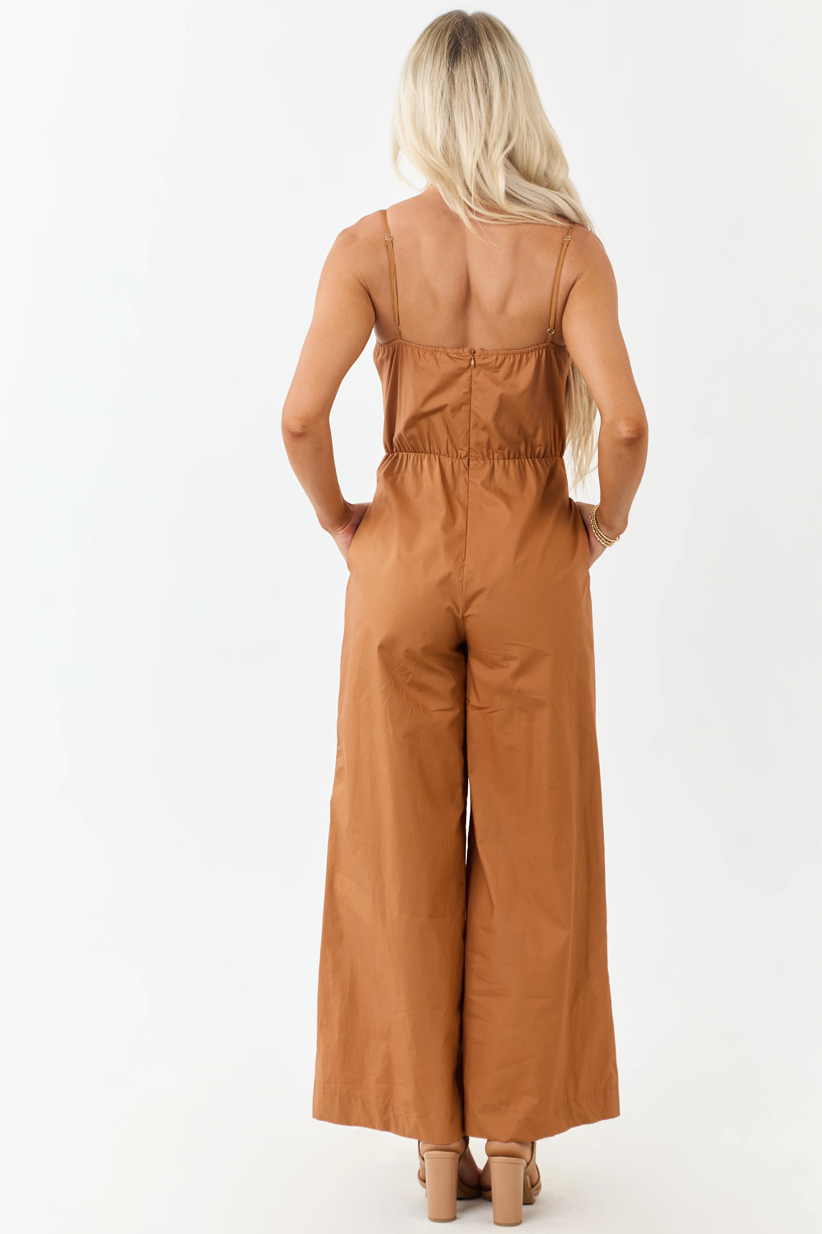 Sandstone Braided Notch Neck Wide Leg Cotton Jumpsuit - Image 6