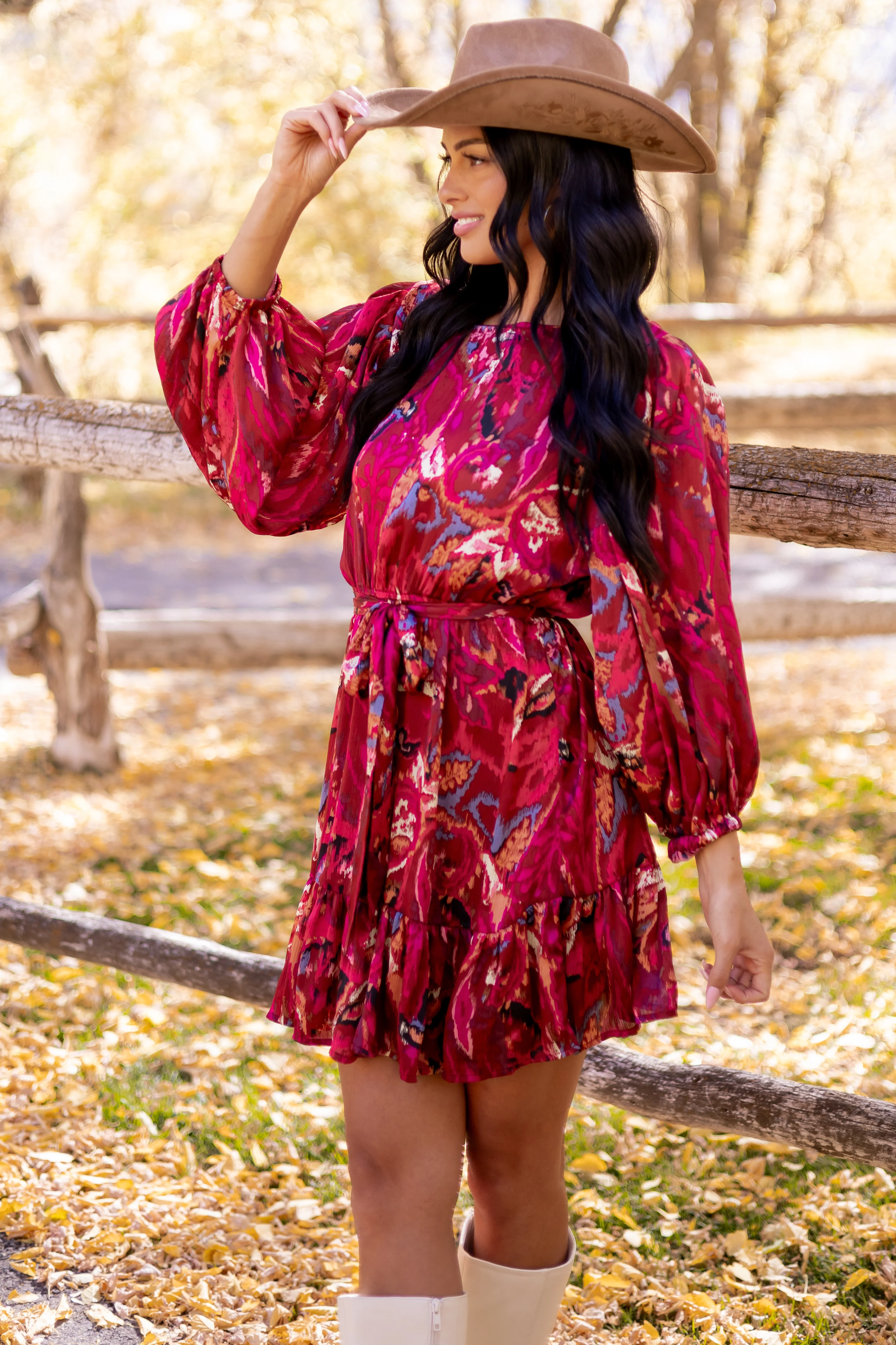 Sangria Abstract Print Waist Tie Flowy Mini Dress - Image 3