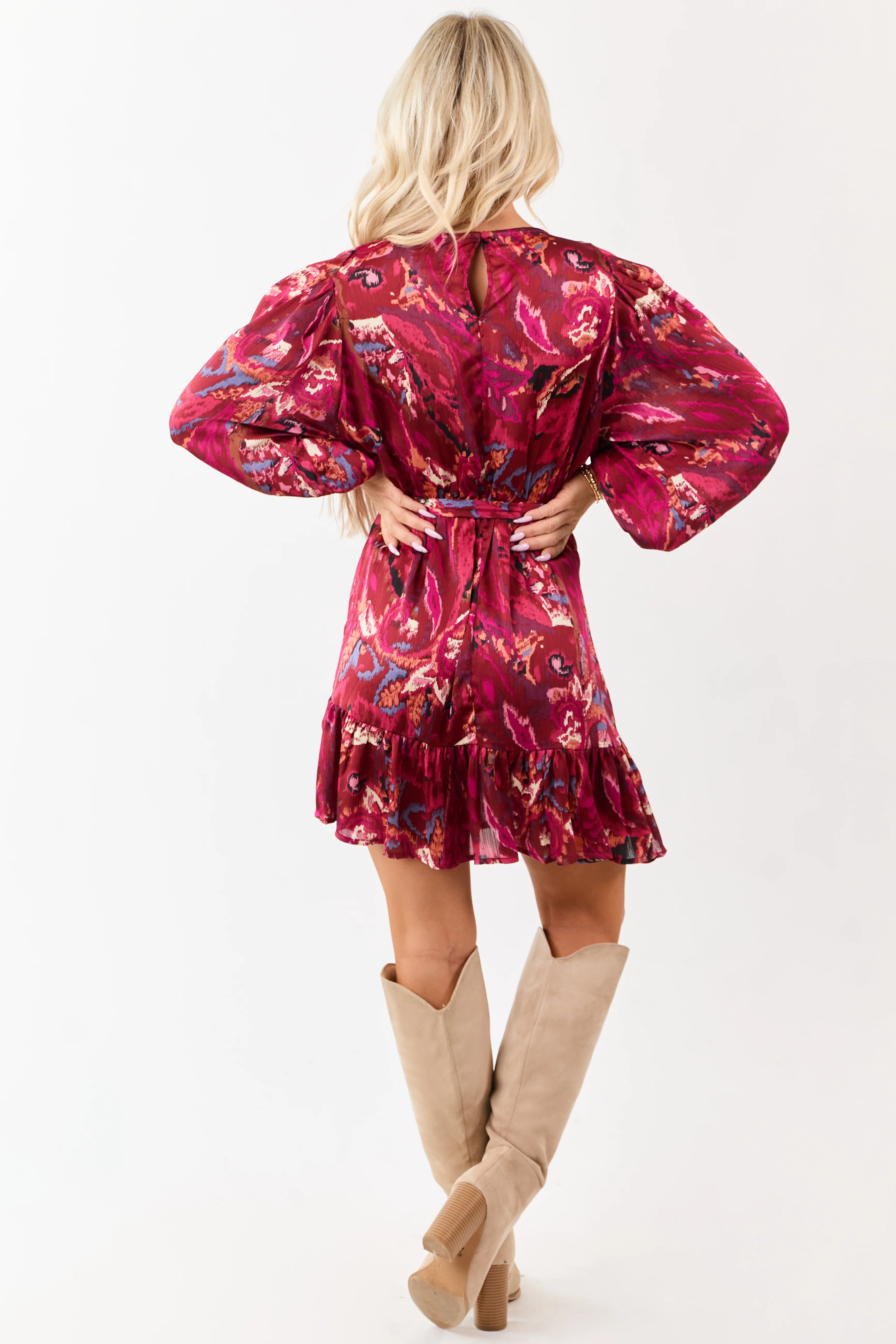 Sangria Abstract Print Waist Tie Flowy Mini Dress - Image 8