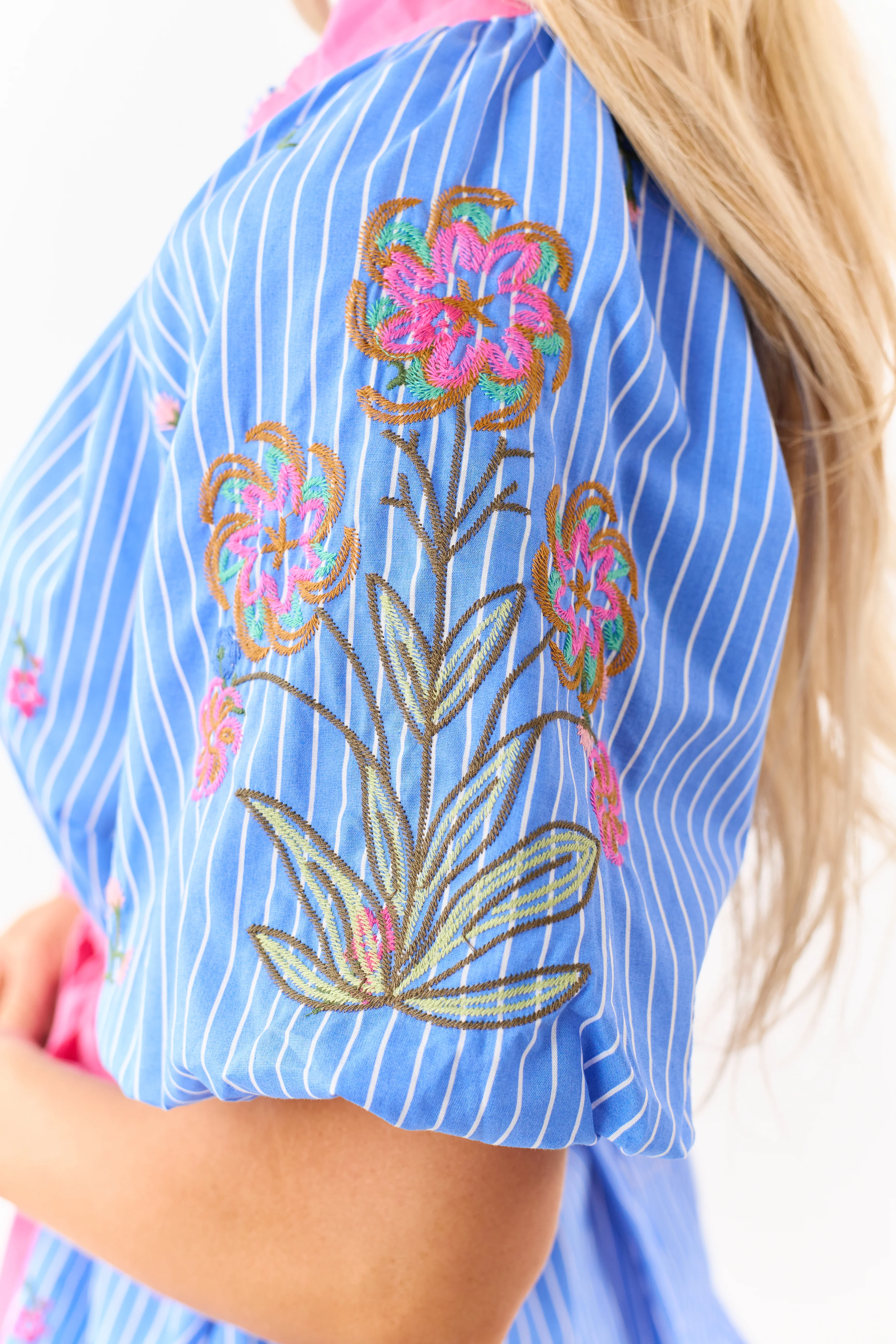 Sapphire Striped Floral Embroidered Cotton Mini Dress - Image 6