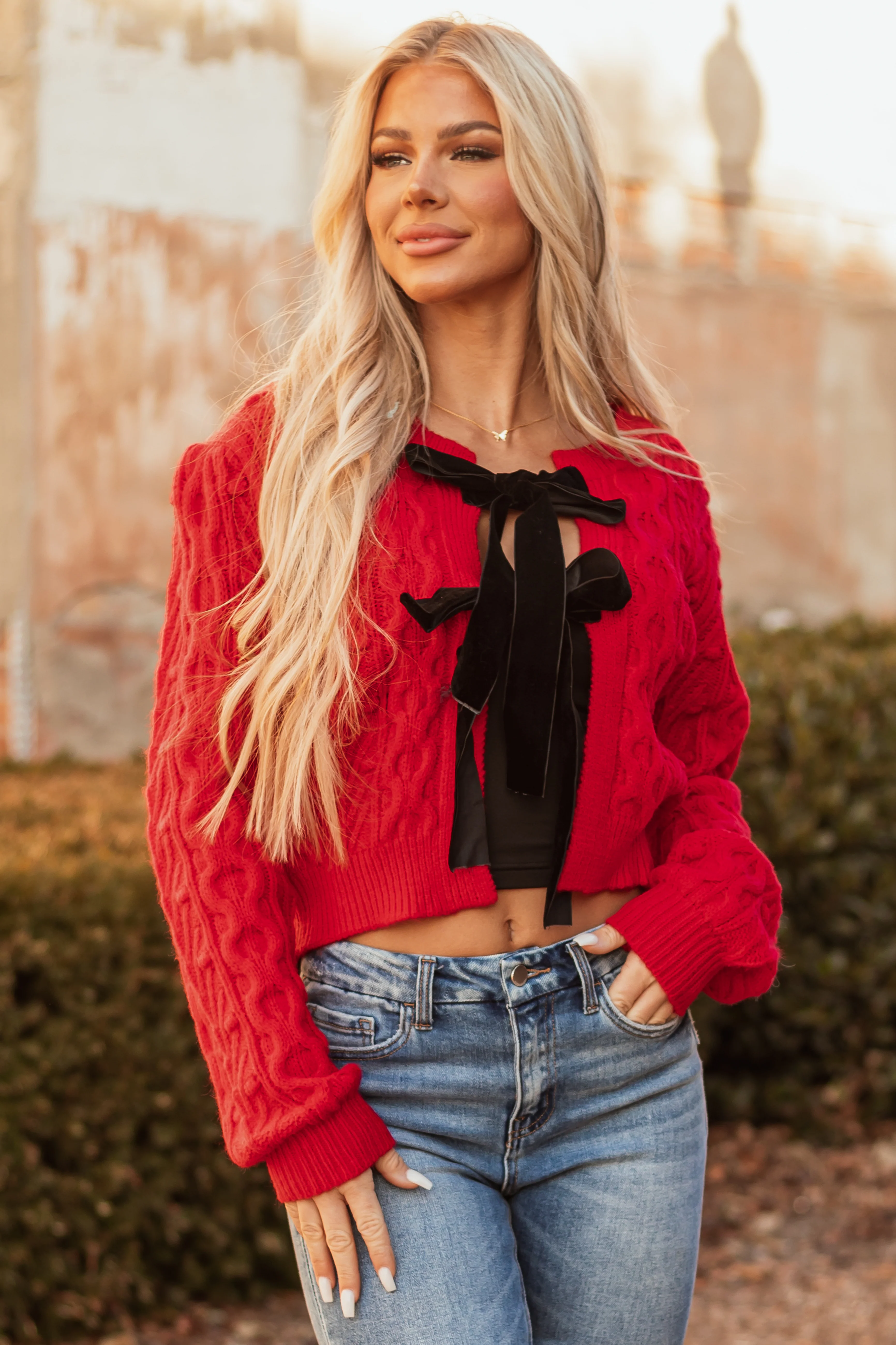 Scarlet Cable Knit Velvet Bow Tie Sweater Cardigan - Image 2