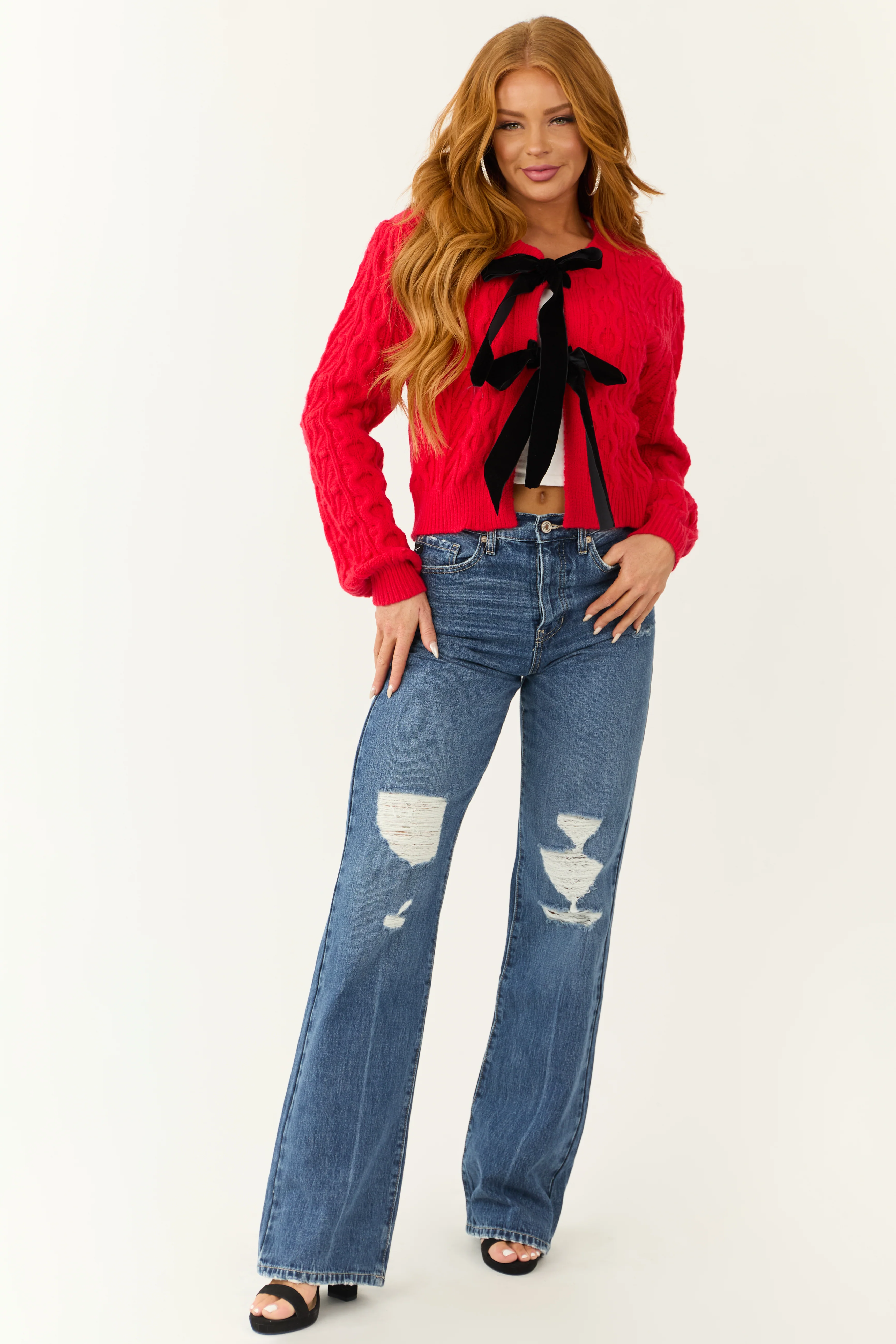 Scarlet Cable Knit Velvet Bow Tie Sweater Cardigan - Image 4