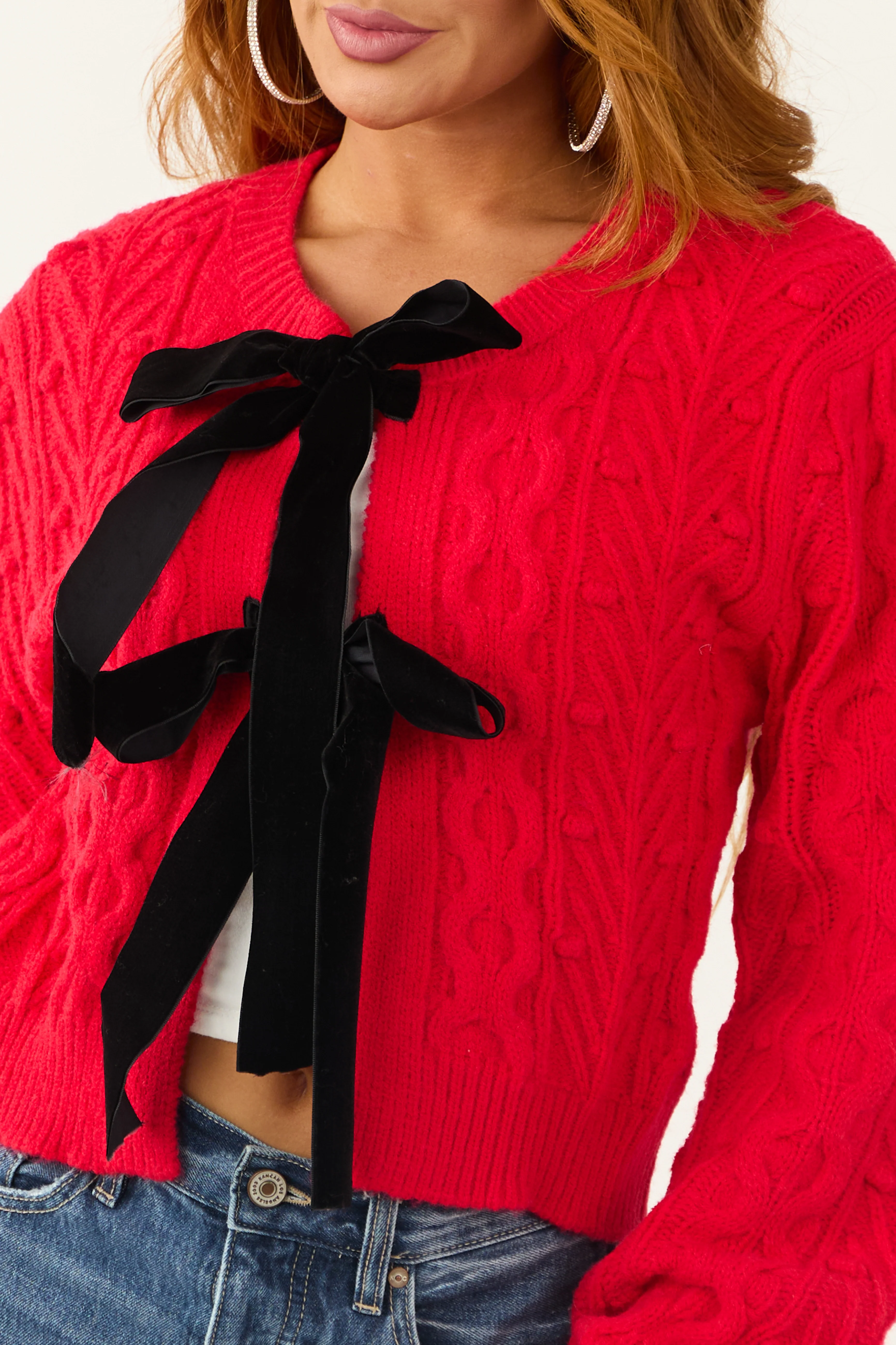 Scarlet Cable Knit Velvet Bow Tie Sweater Cardigan - Image 7