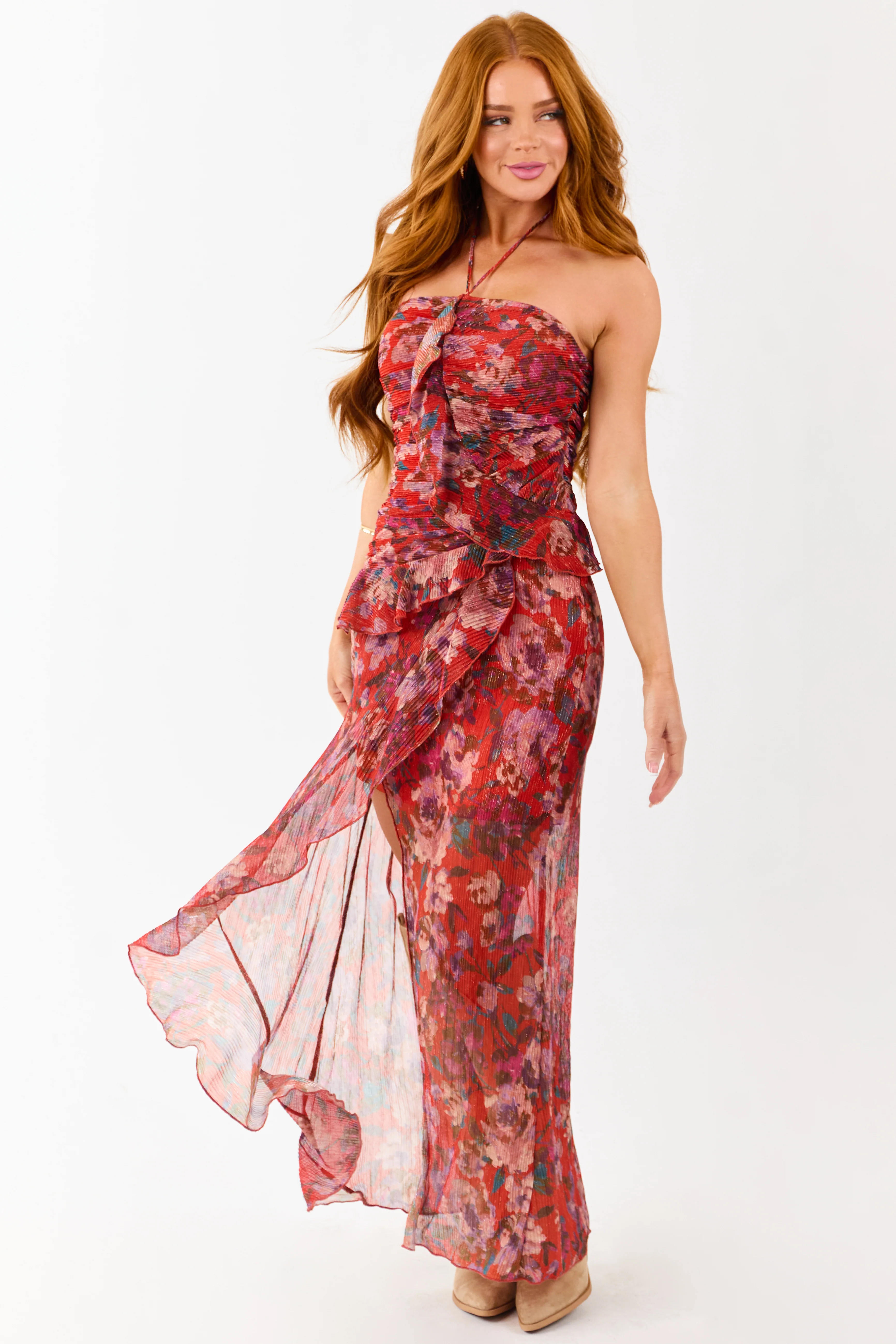 Scarlet Floral Print Ruffle Trim Plisse Maxi Dress - Image 3