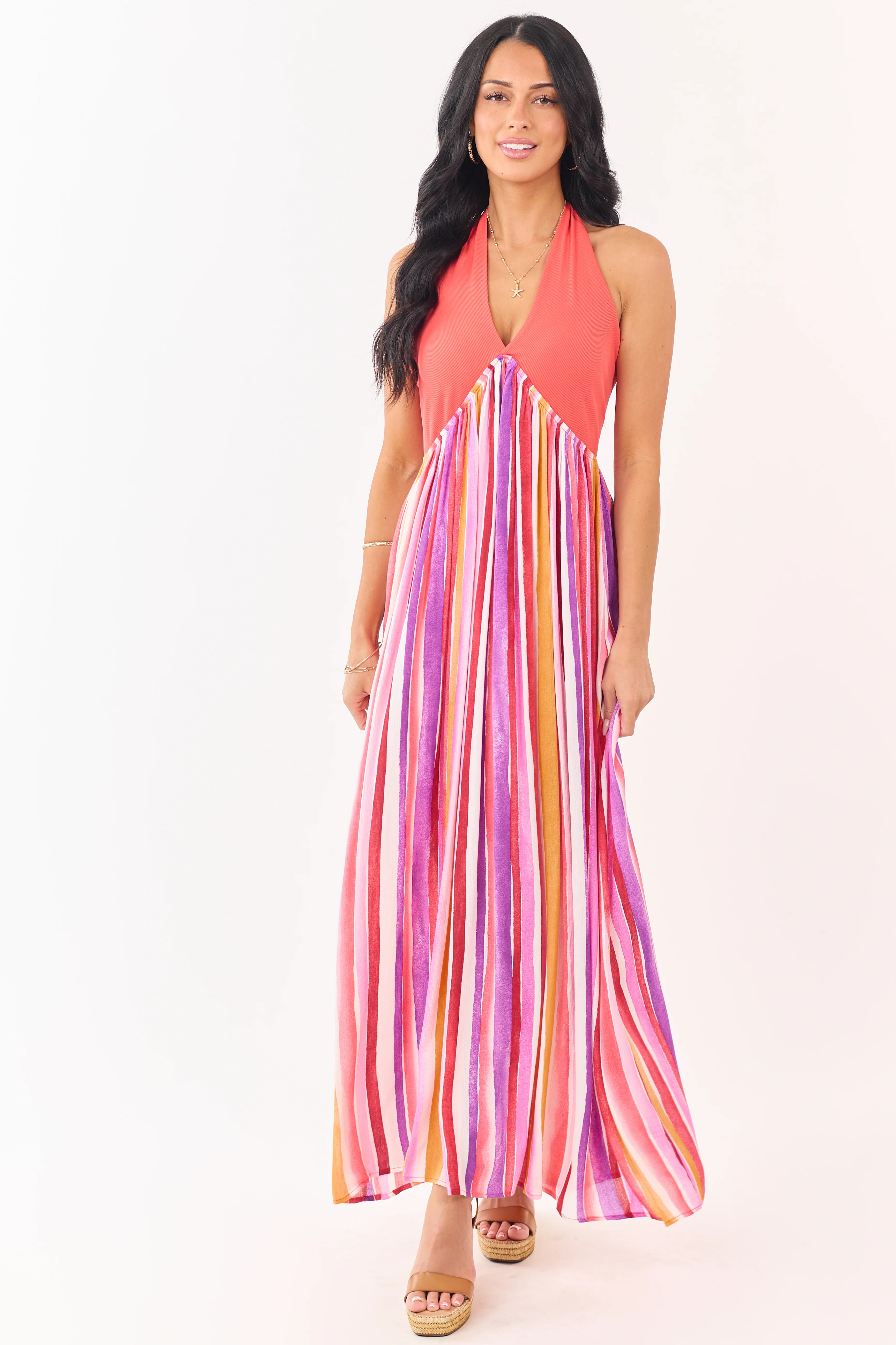 Scarlet Halter Neck Contrast Striped Maxi Dress
