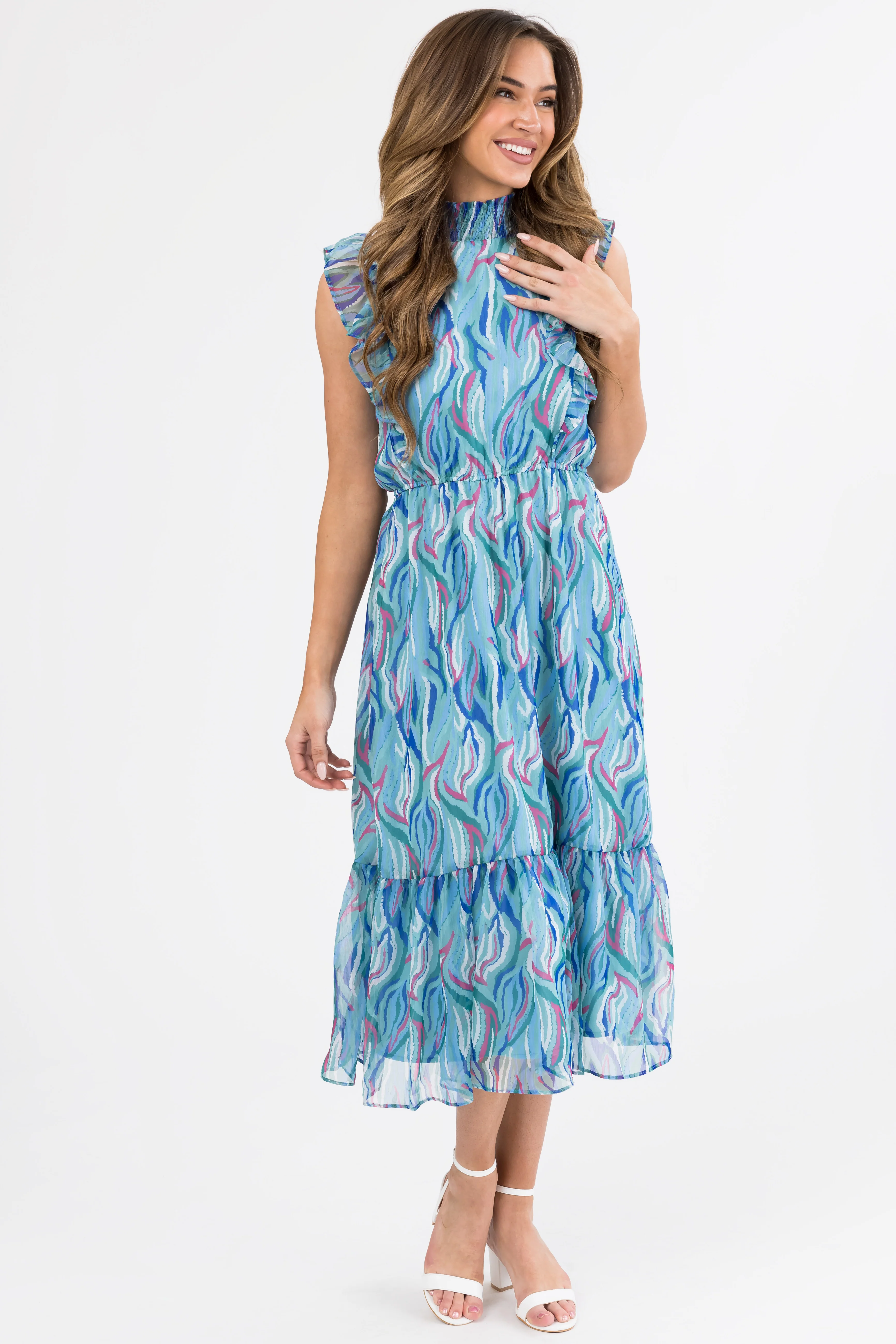 Seafoam Abstract Print Ruffled Midi Dress - Image 3