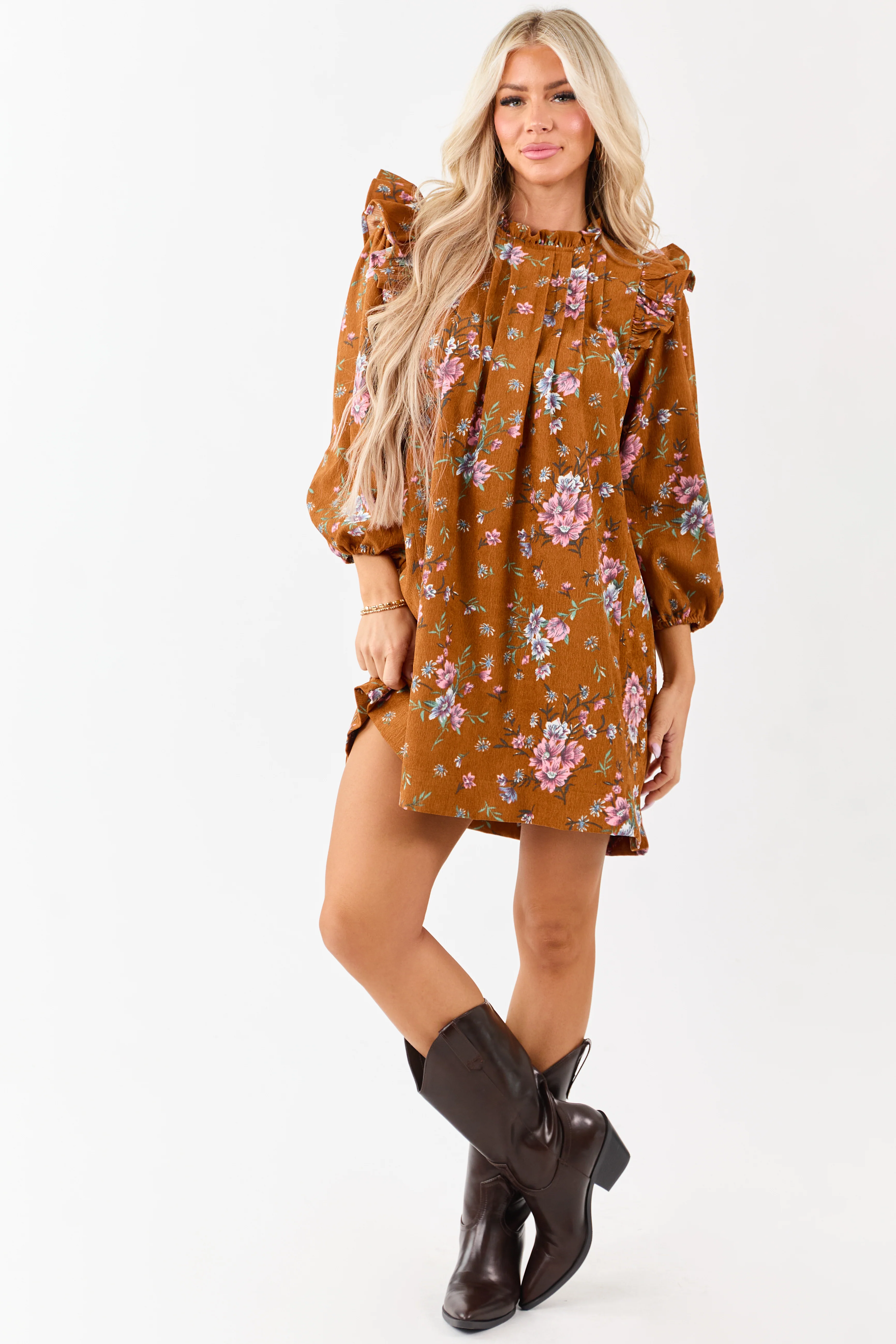 Sedona Floral Corduroy Pintuck Ruffle Mini Dress - Image 4