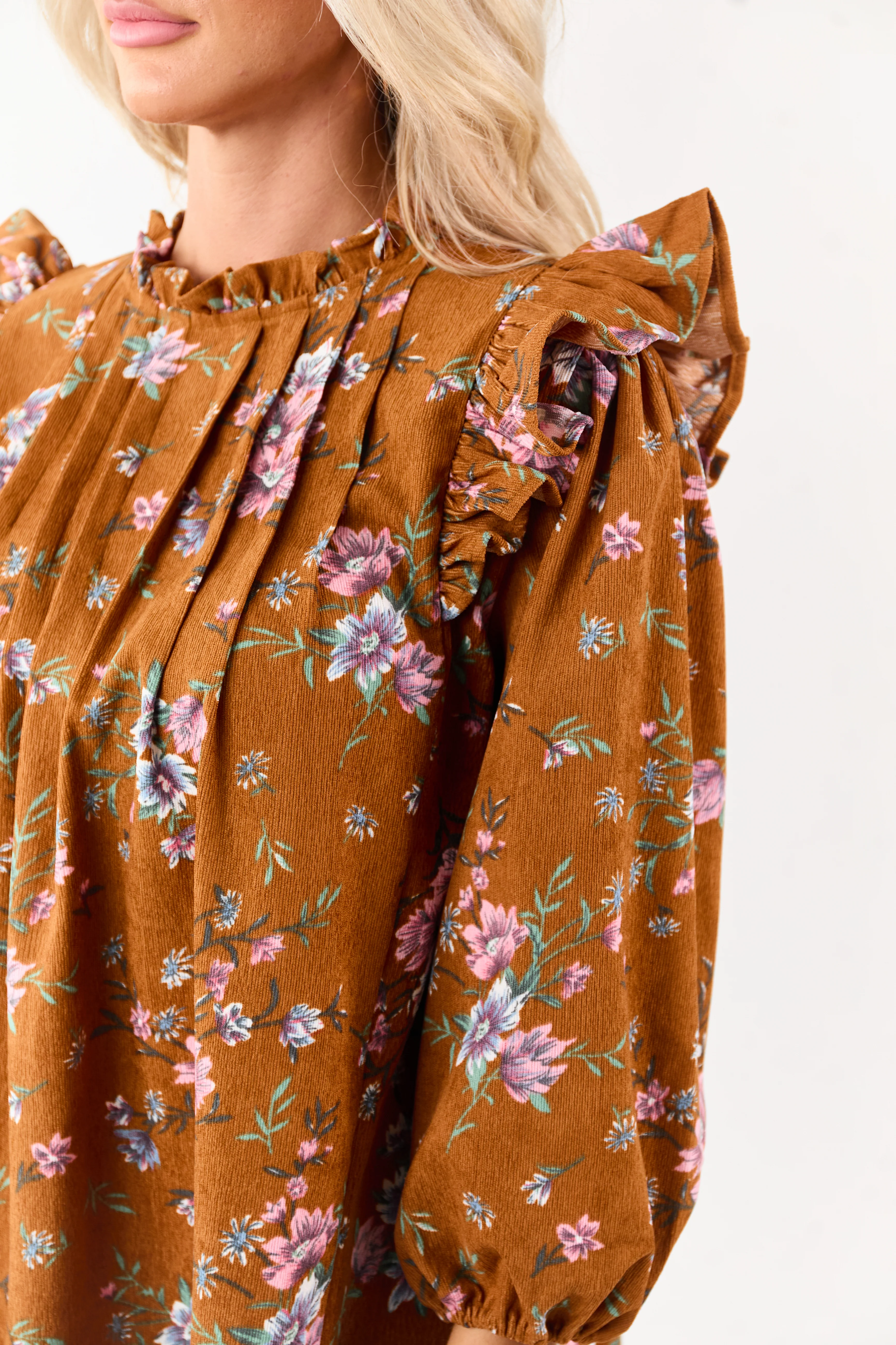 Sedona Floral Corduroy Pintuck Ruffle Mini Dress - Image 8