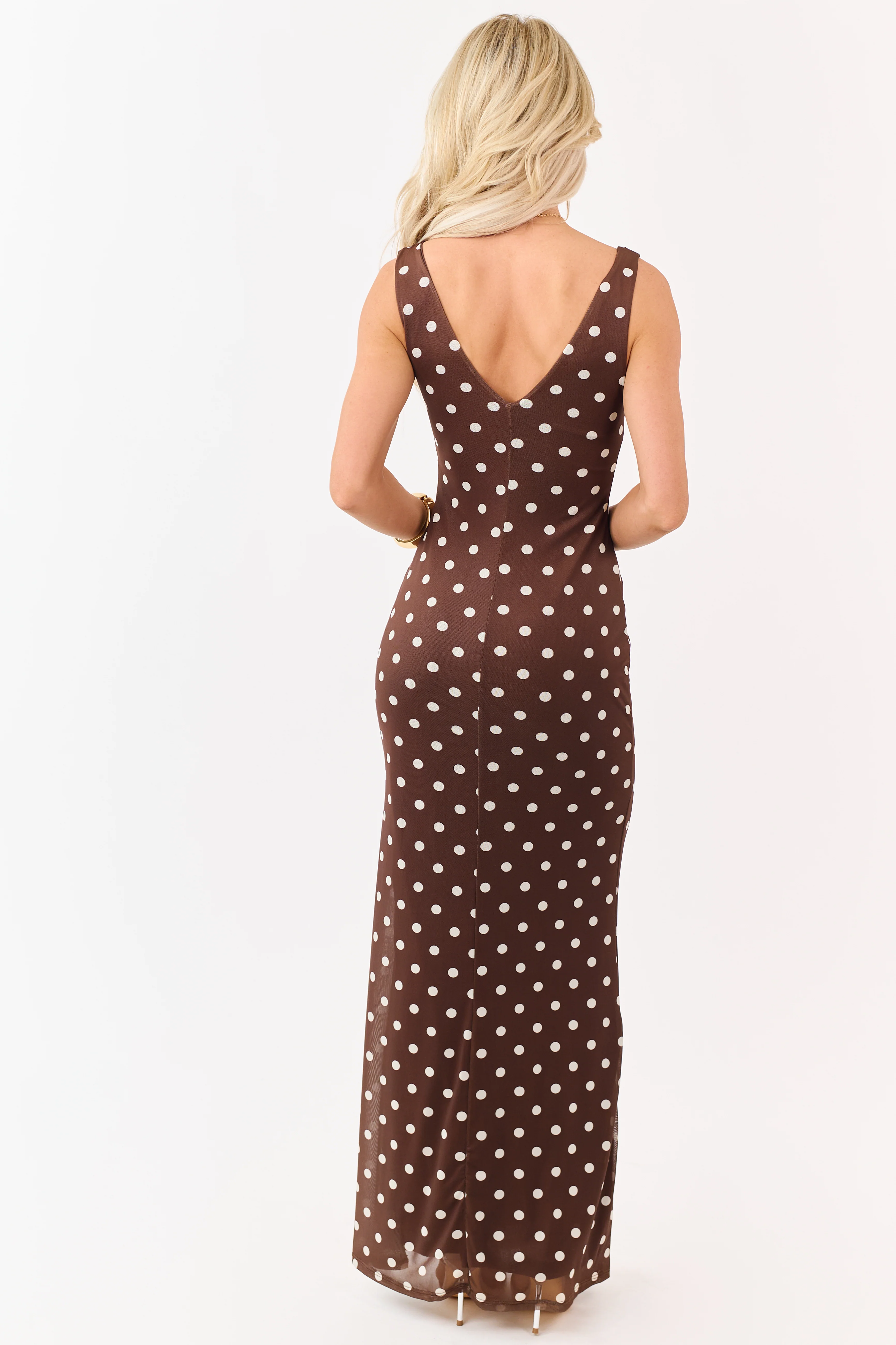 Sepia and Cream Polka Dot Mesh Maxi Dress - Image 6