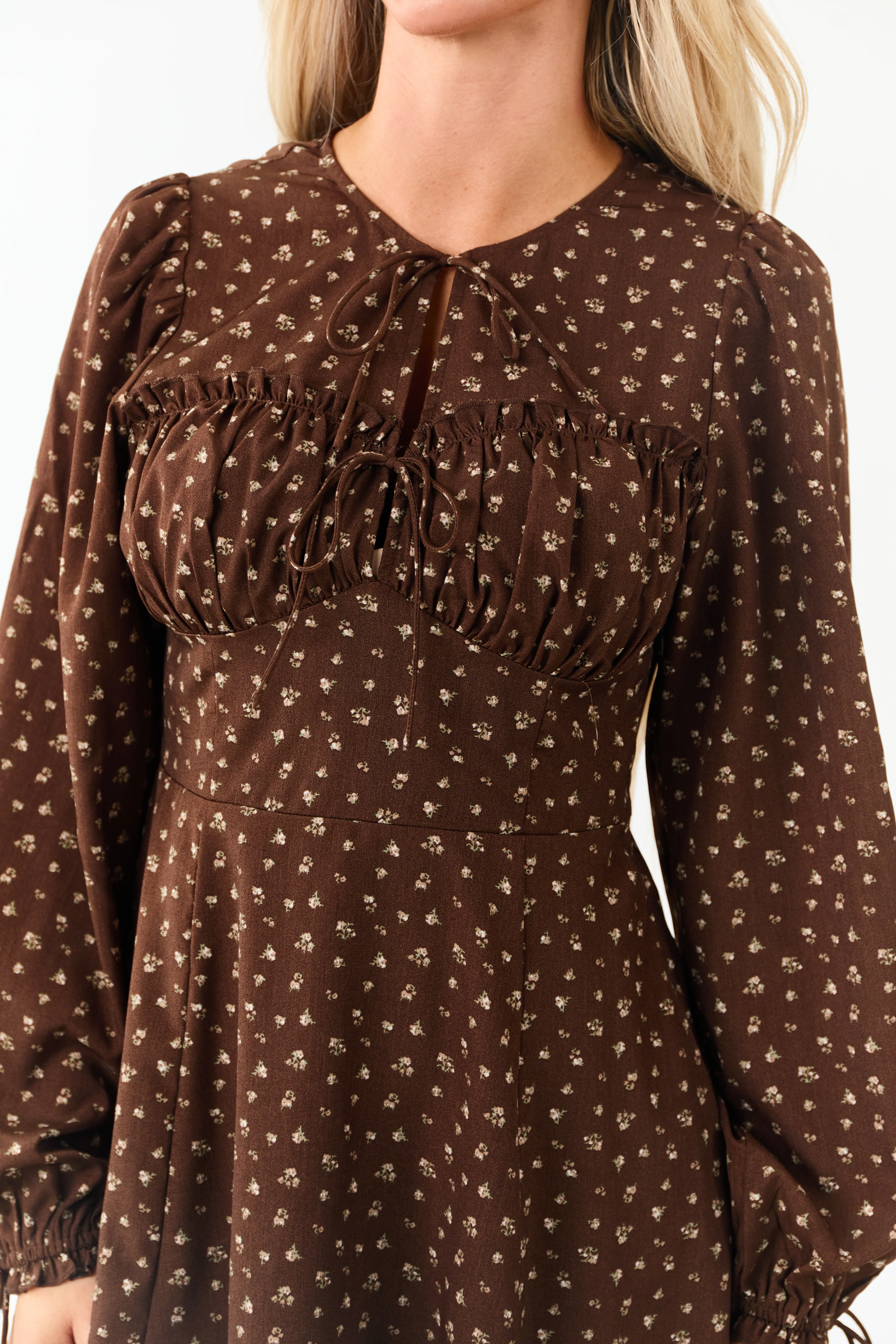 Sepia Ditsy Floral Print Puff Sleeve Mini Dress - Image 2